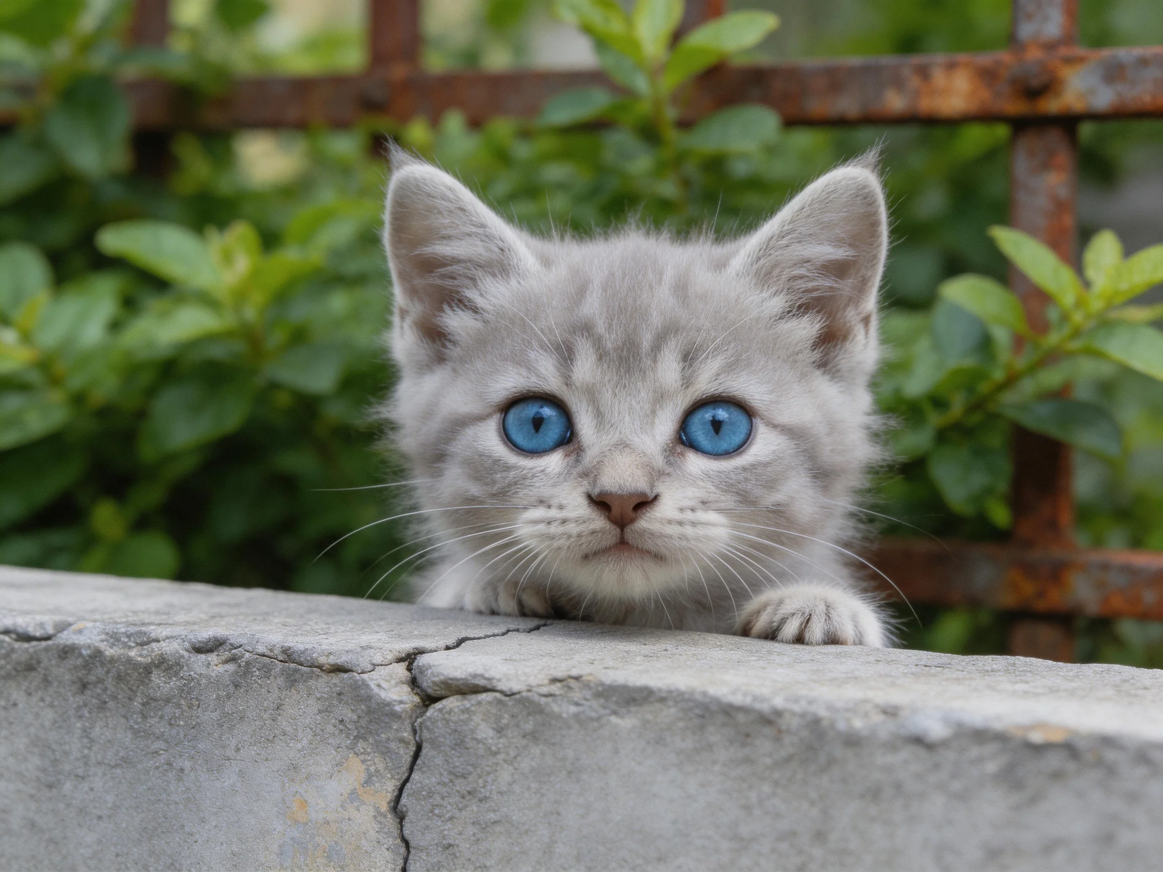 A small gray kitten with bright blue eyes peers over a concrete ledge near greenery