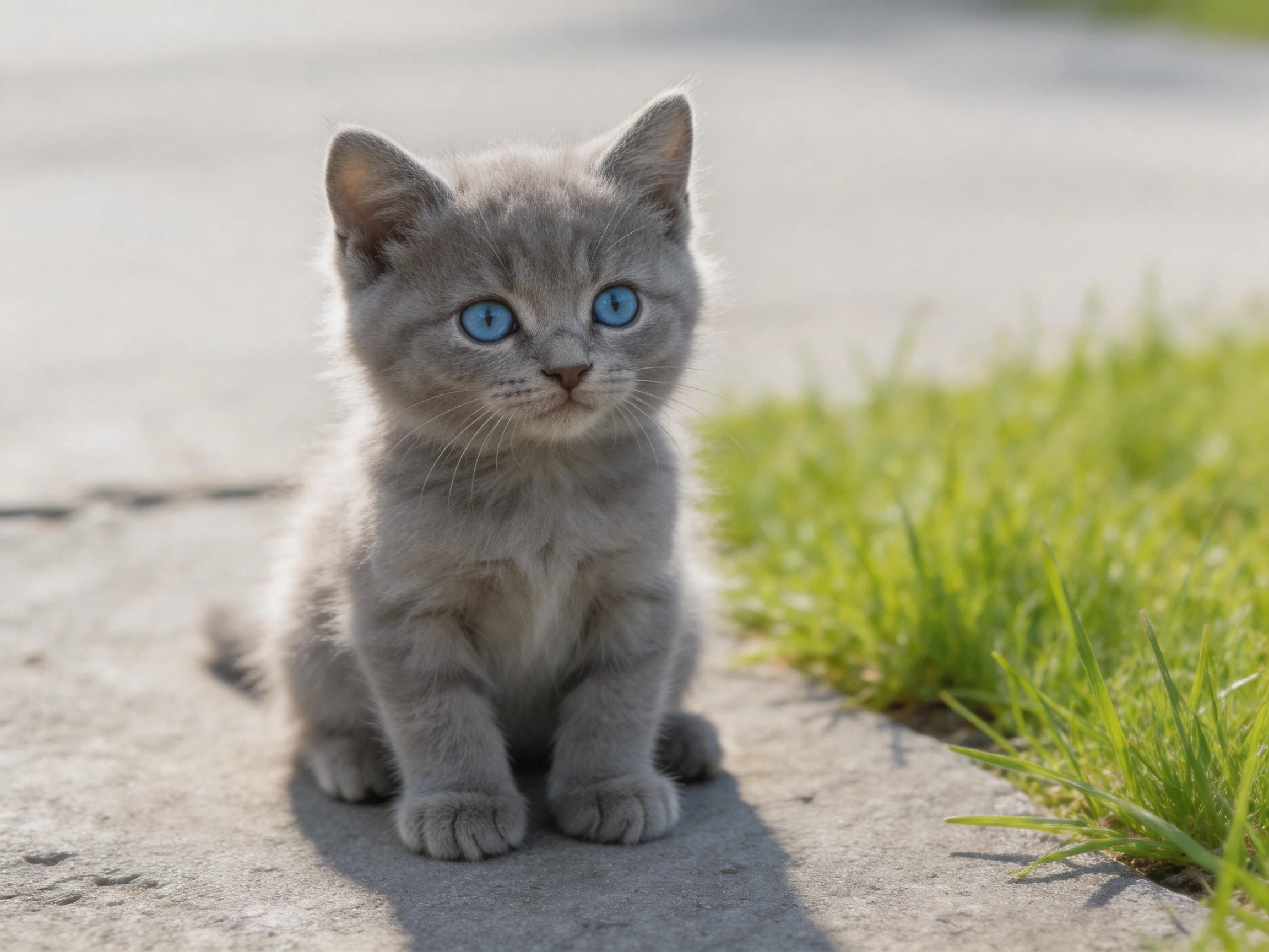 A small gray kitten with blue eyes sits near green grass on pavement