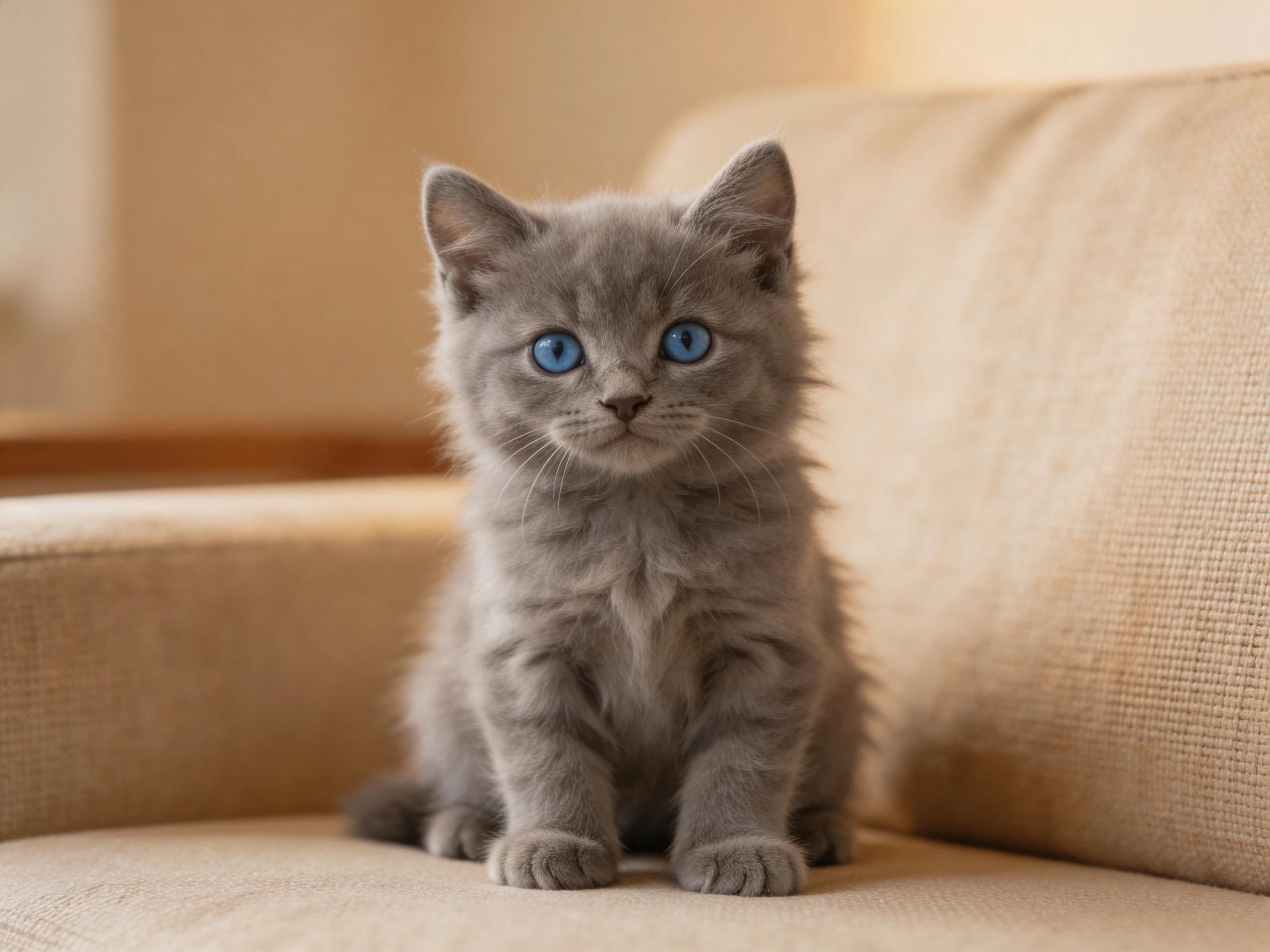 A gray kitten with blue eyes sits on a beige sofa.