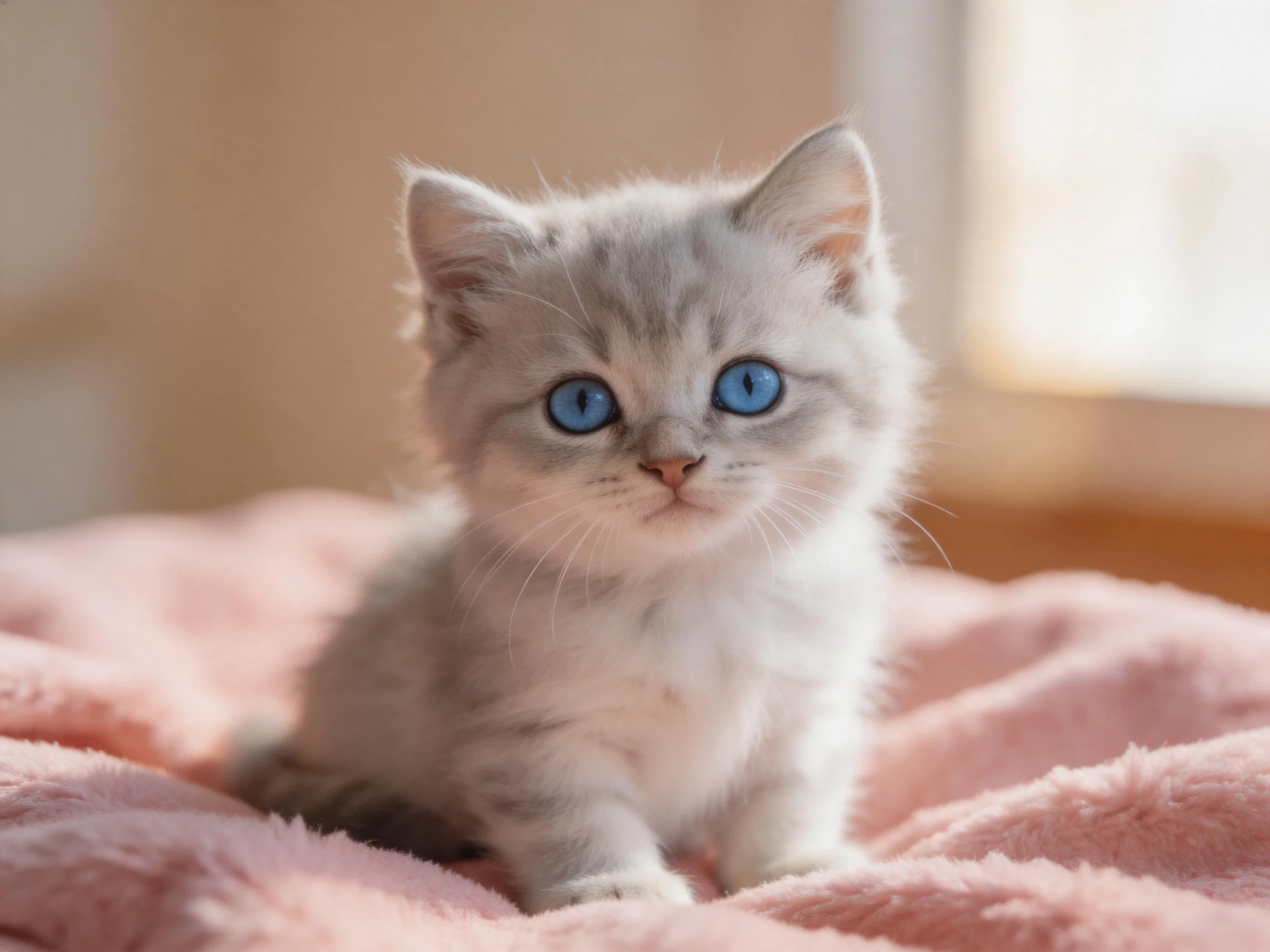A small gray kitten with bright blue eyes sits on a soft pink blanket.