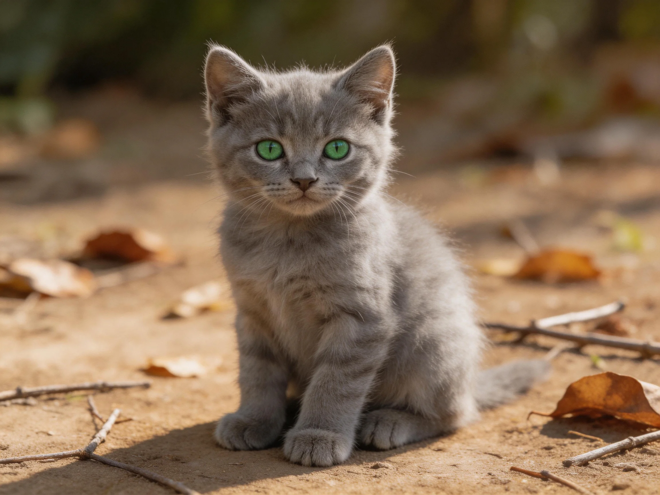 A small gray kitten with green eyes sits on sandy ground near scattered dry leaves.