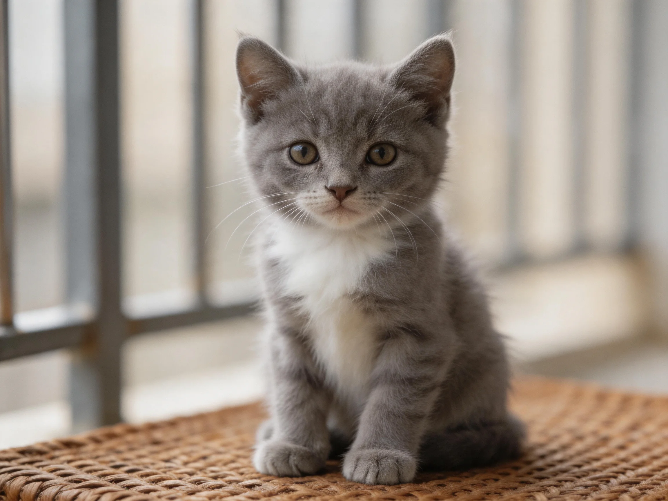 A small gray kitten with white chest sits on a wicker mat by metal railings