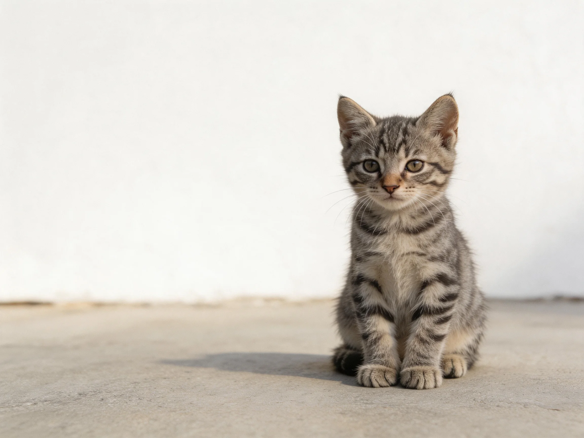 A small gray tabby kitten sits calmly on a concrete surface next to a white wall