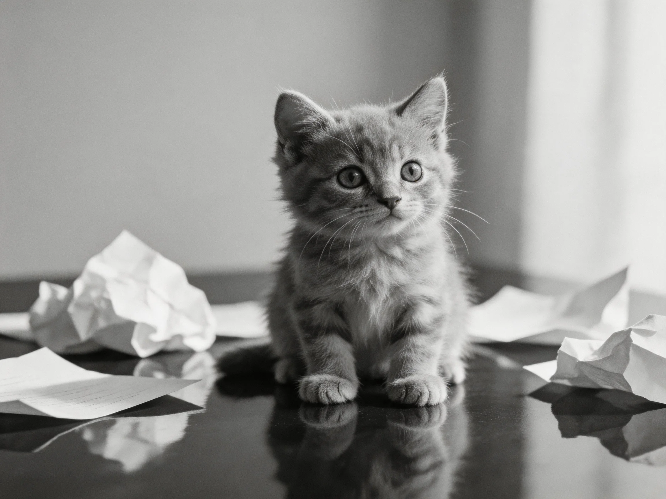 A small kitten surrounded by scattered crumpled papers on a glossy surface