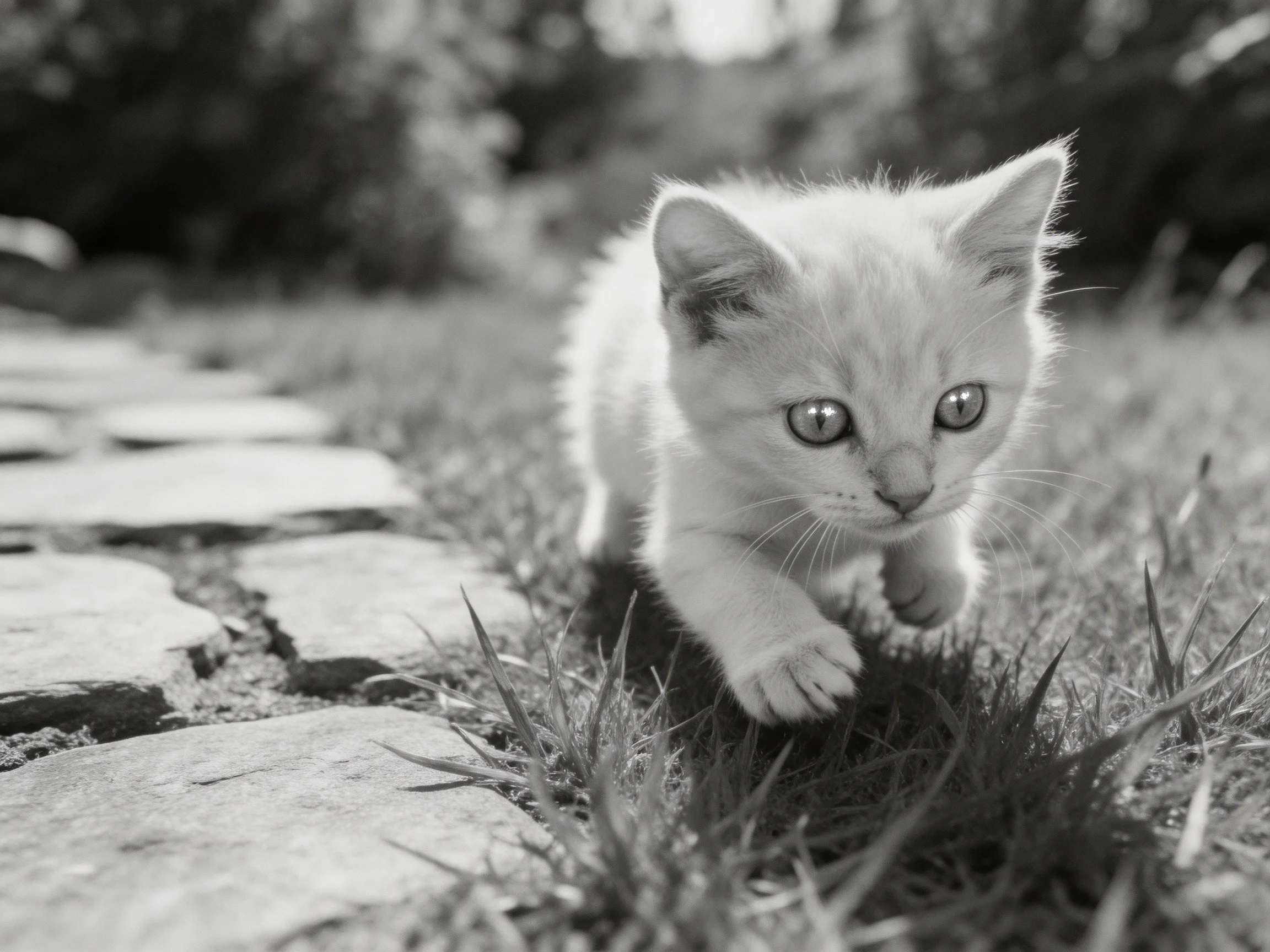 A small kitten walking toward grass near stone slabs