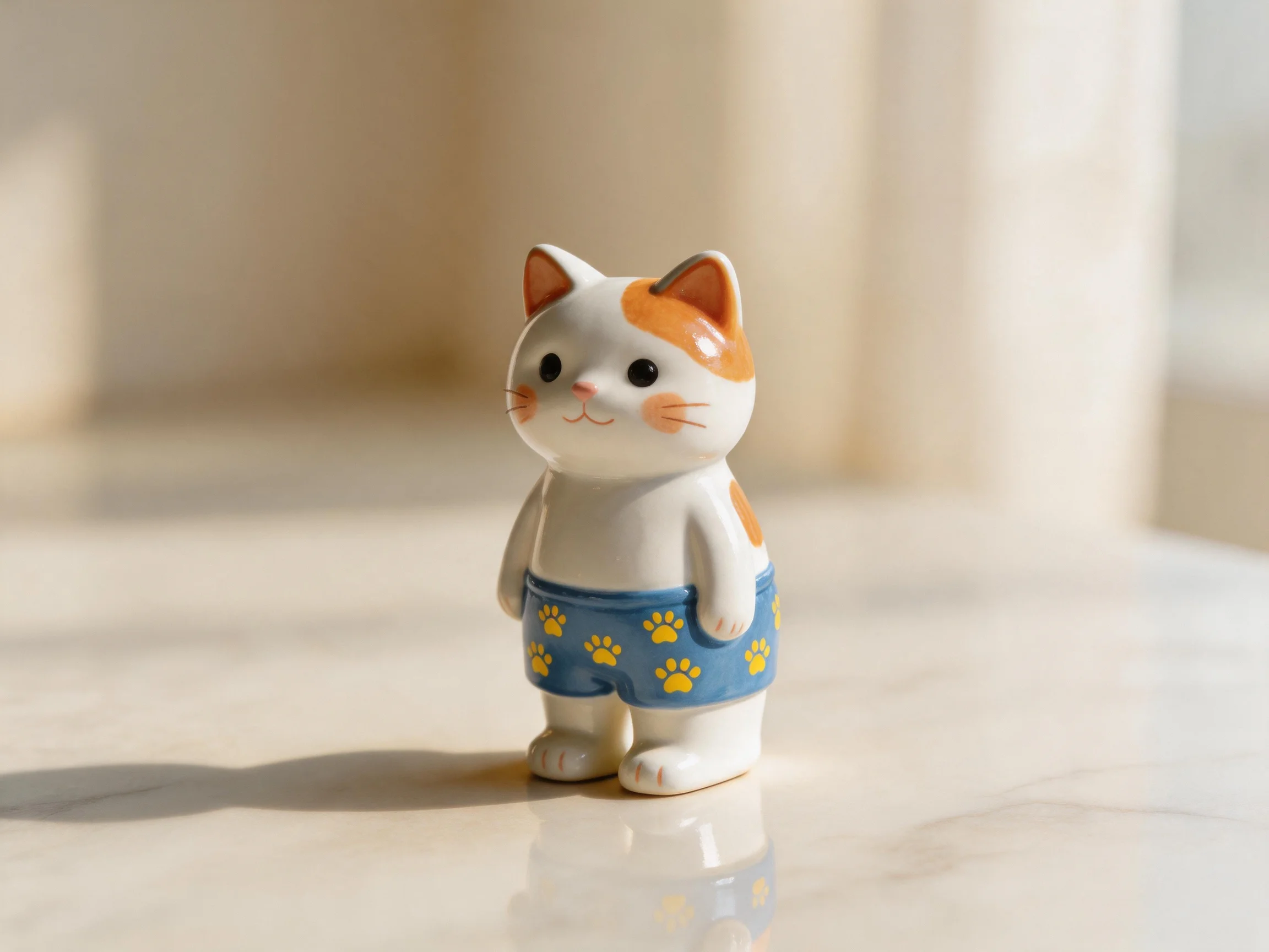 A small cat figurine wearing blue paw-print shorts sits on a reflective surface.