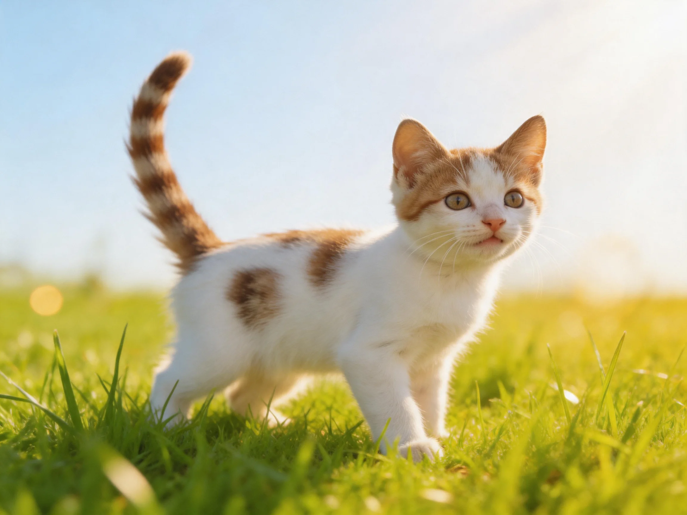 A small orange and white kitten stands on lush green grass in a sunlit outdoor setting.