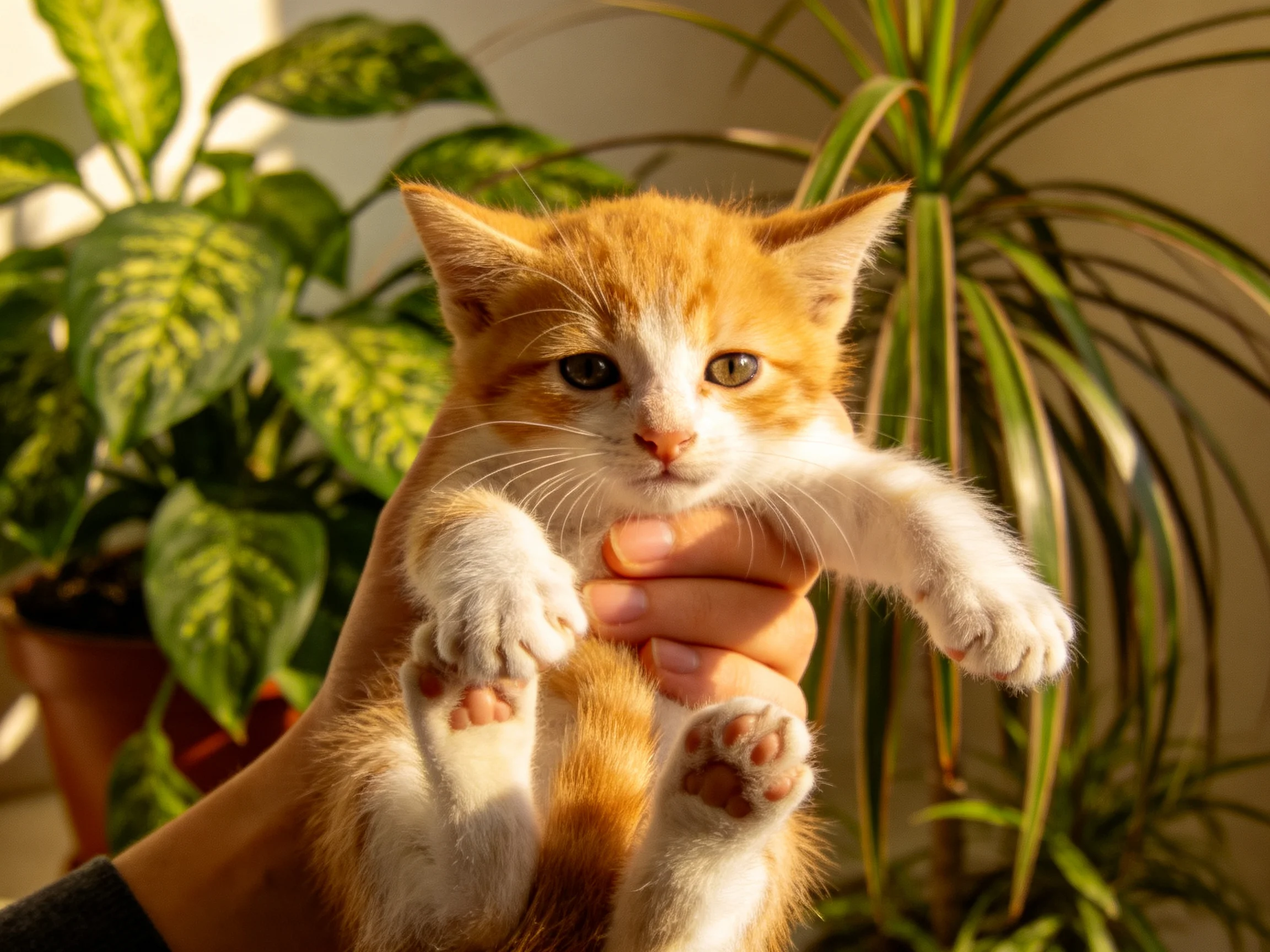 A small orange and white kitten is held up near lush green potted plants.