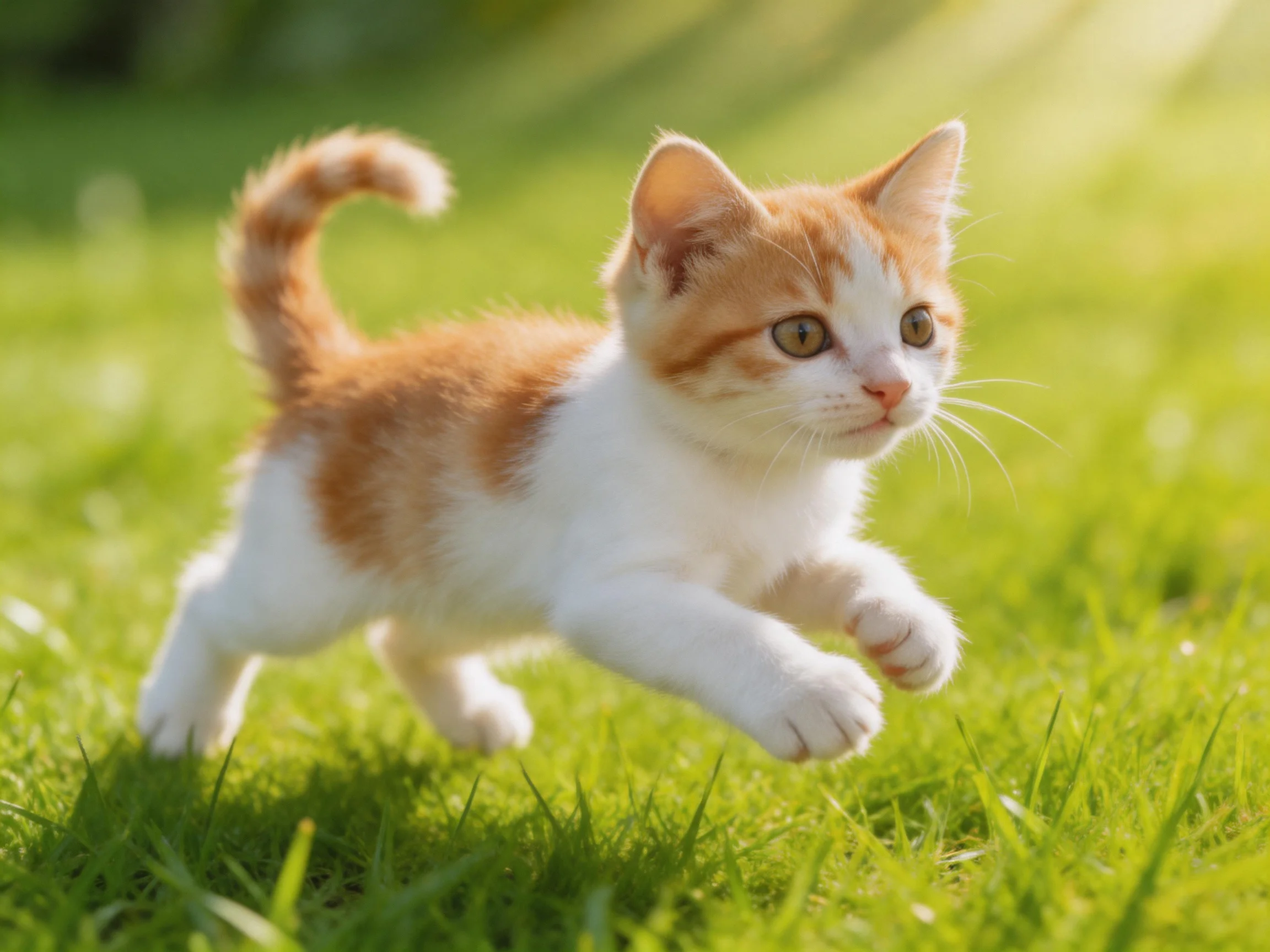 An orange and white kitten runs energetically on bright green grass.
