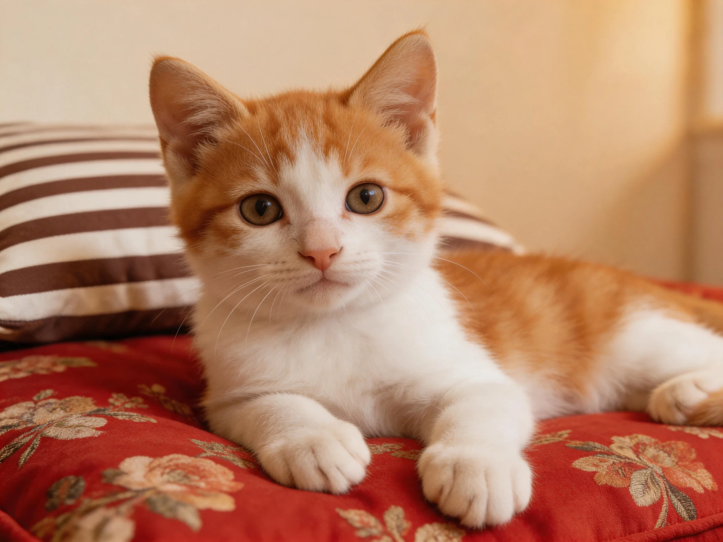 A small orange and white kitten rests on a floral cushion beside striped pillows.