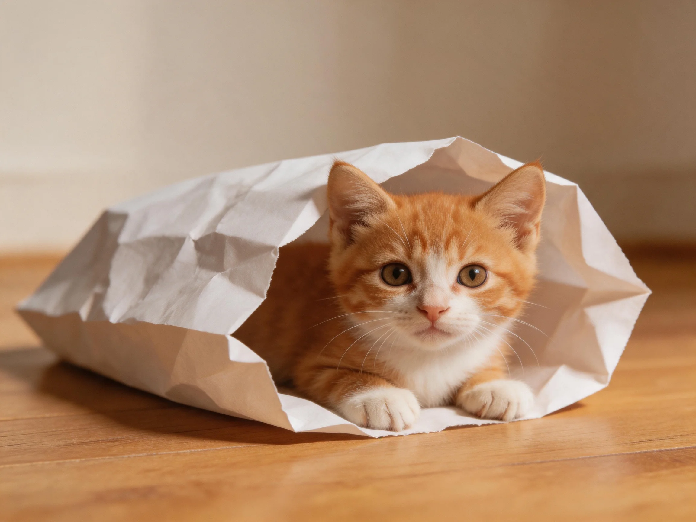 A small orange and white kitten rests inside a crumpled paper bag