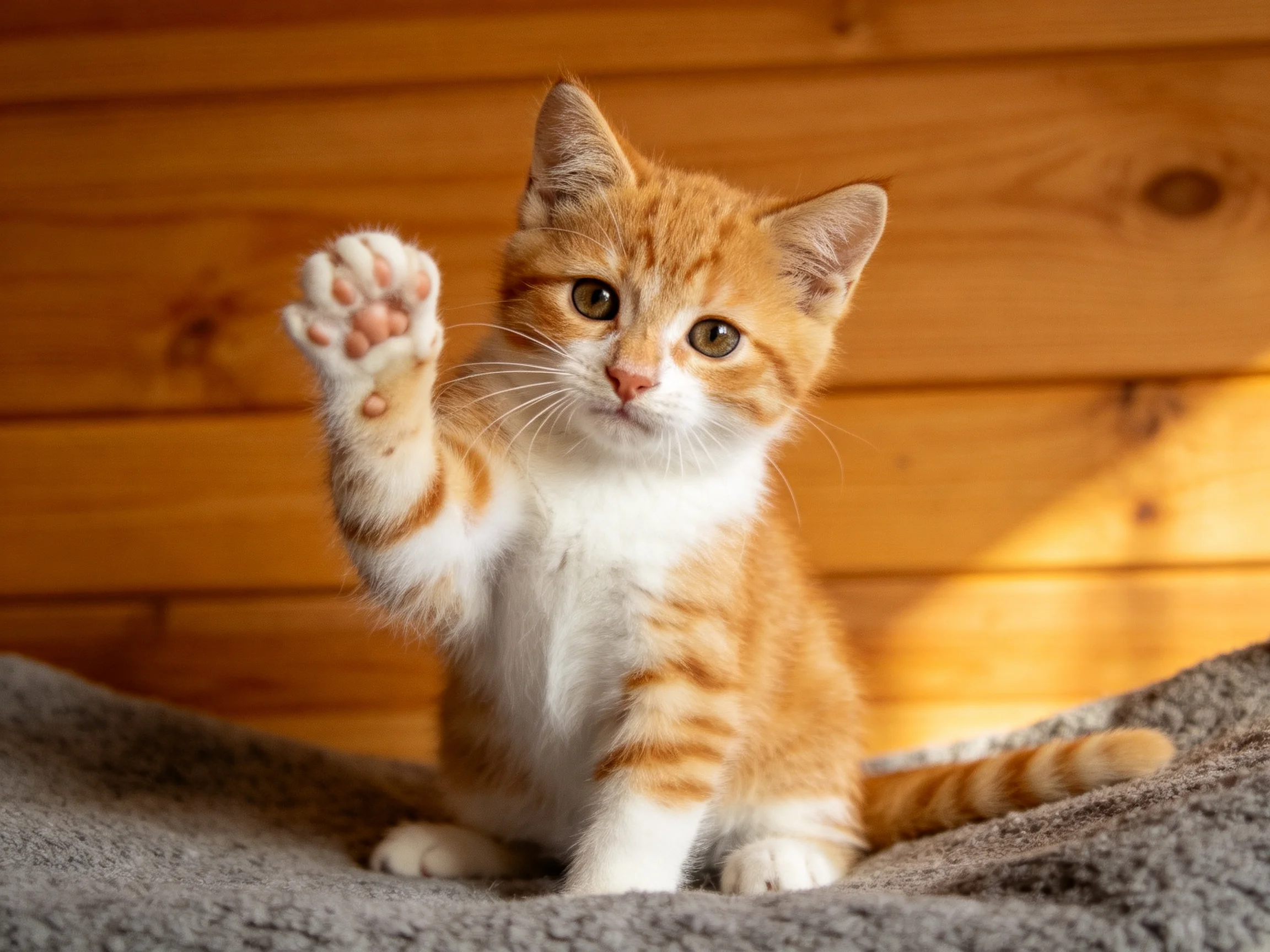 An orange and white kitten raises its paw near wooden walls
