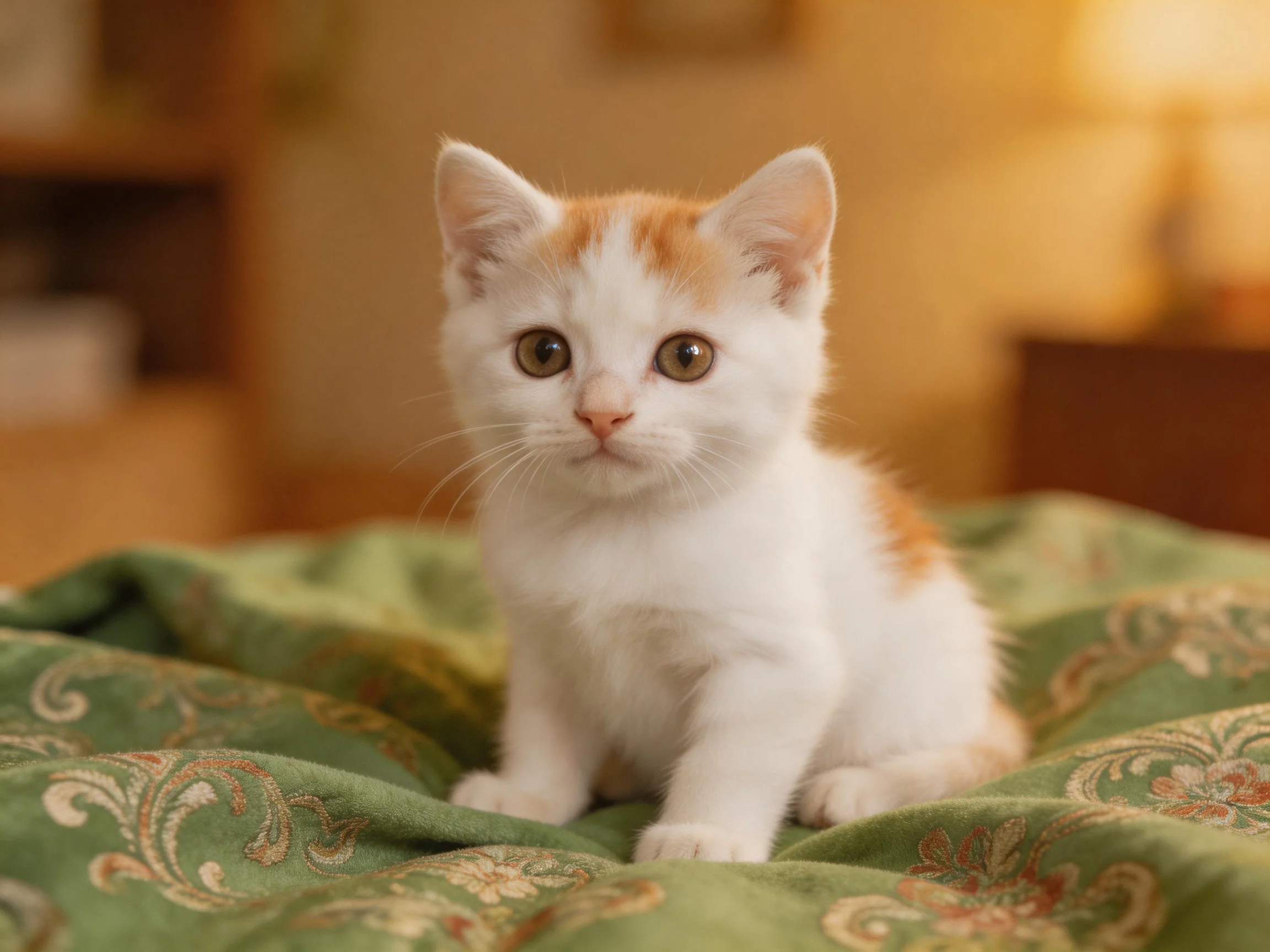 A small orange and white kitten sits on a green patterned fabric.