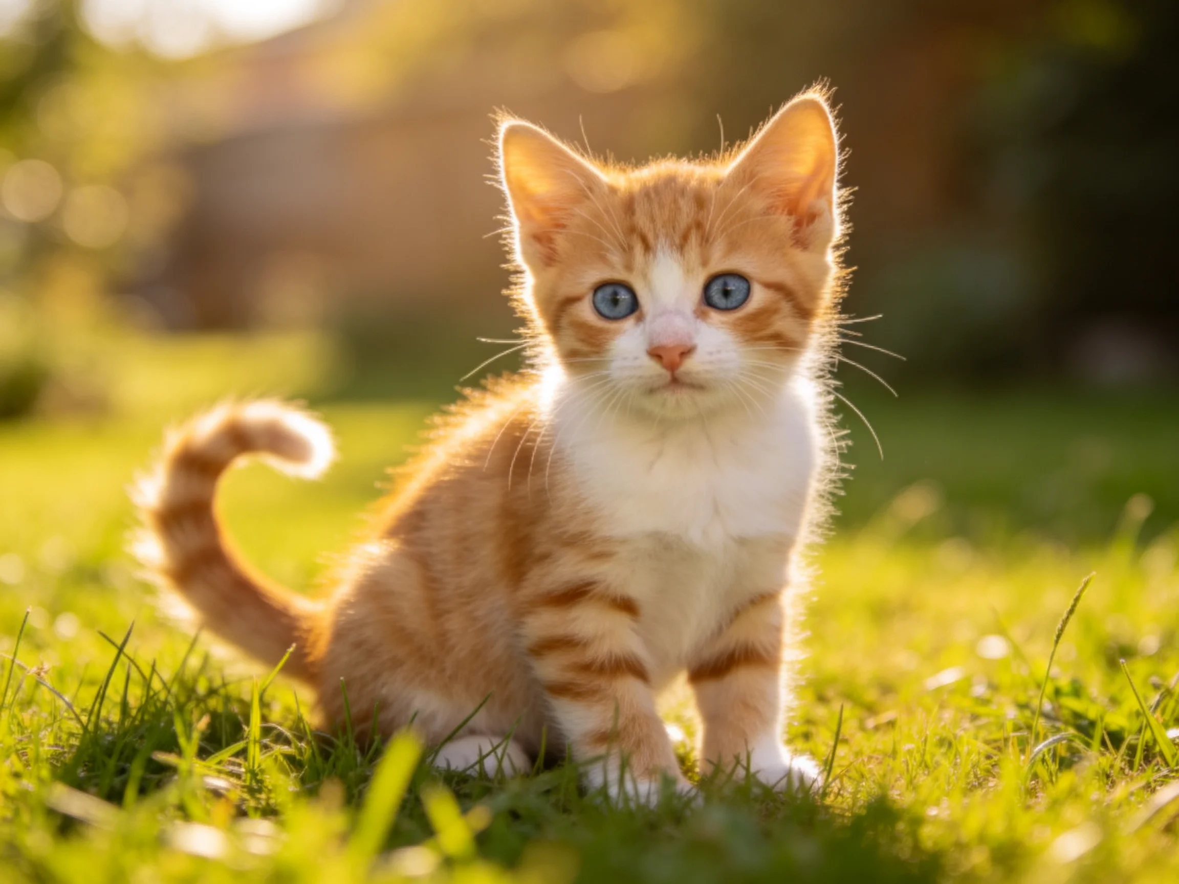 A small orange and white kitten sits calmly on green grass in a sunlit outdoor area.