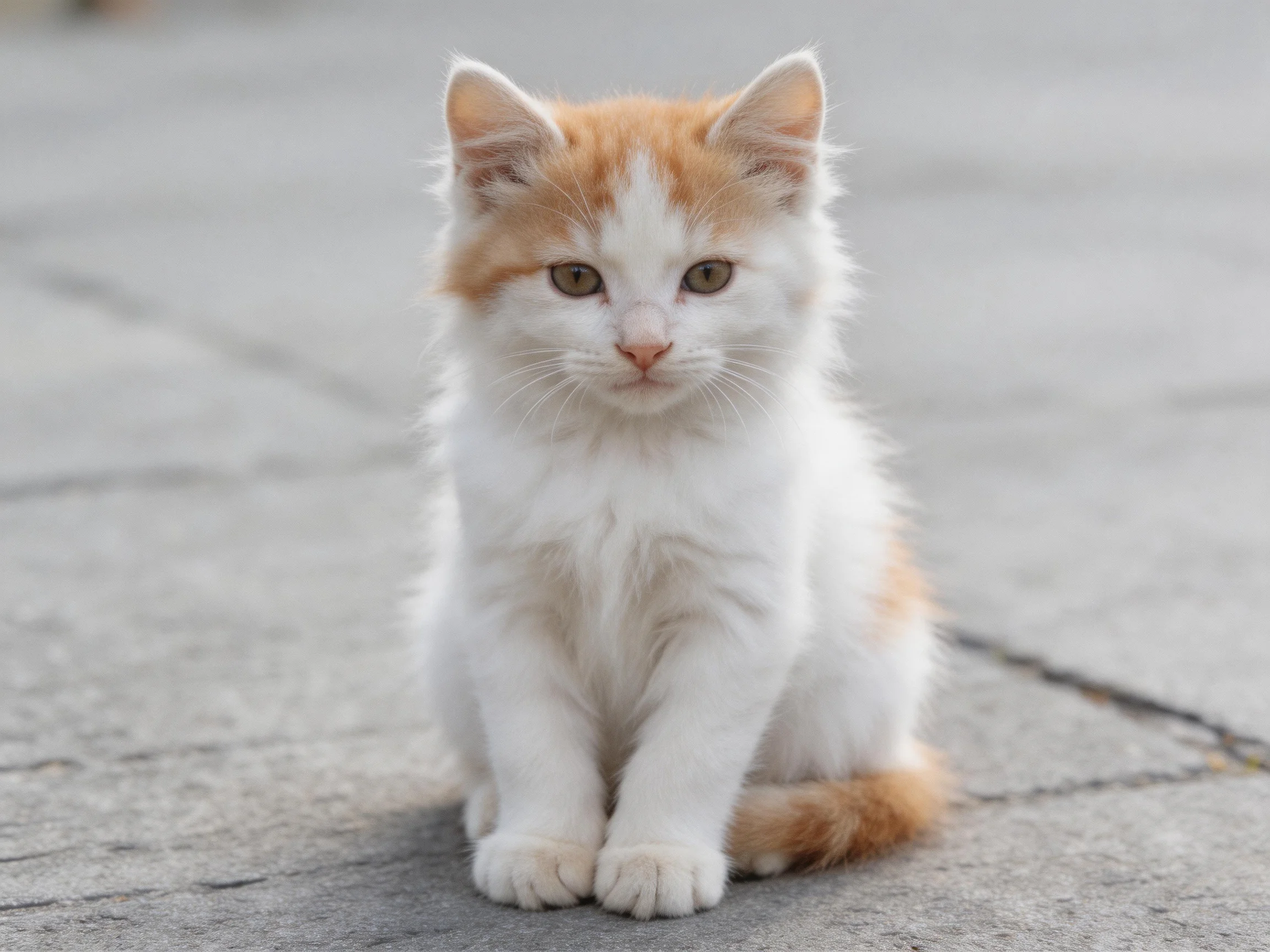 A small orange and white kitten sits calmly on pavement.