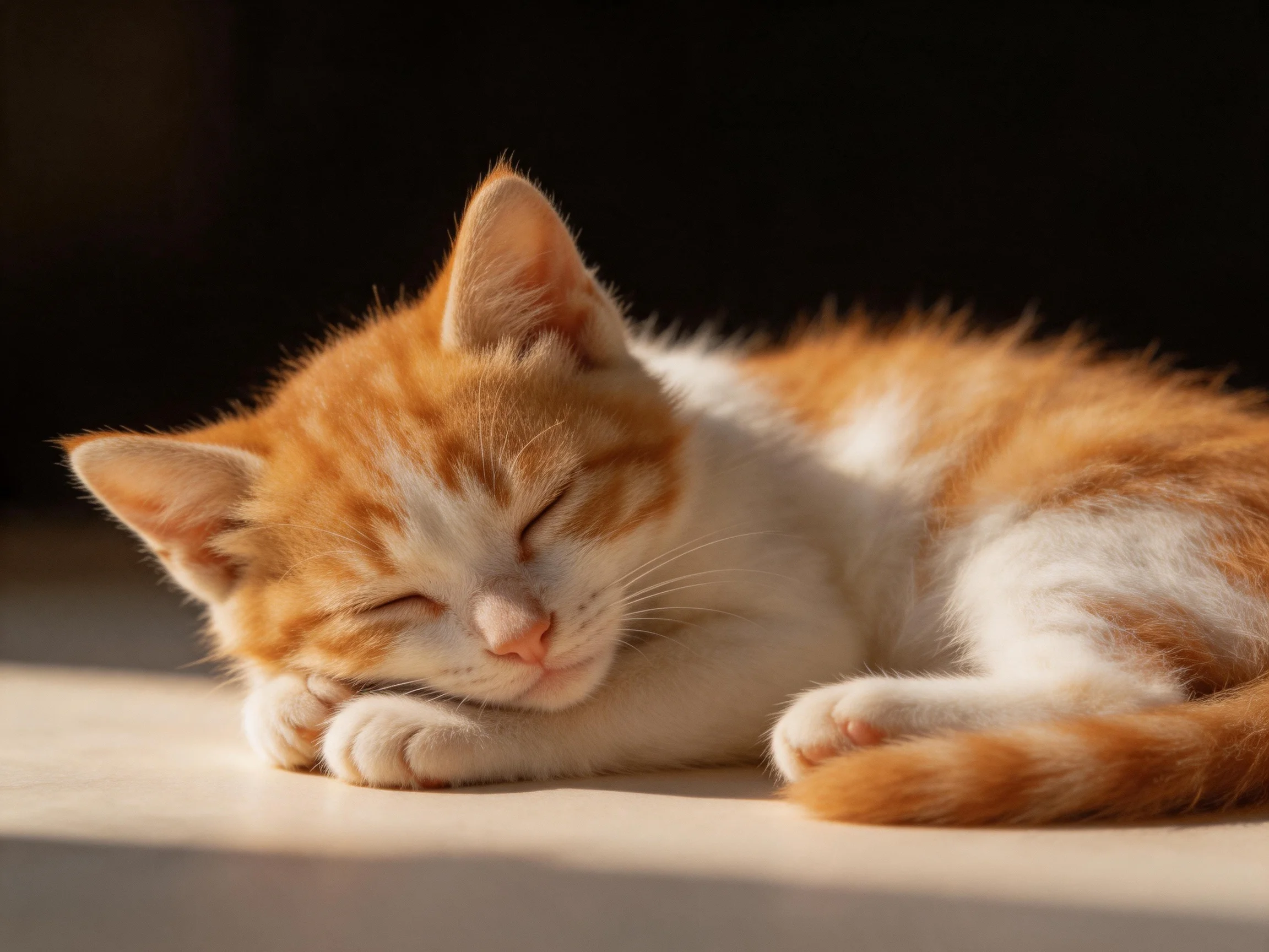 A small orange and white kitten sleeps peacefully on a light surface with a dark backdrop.