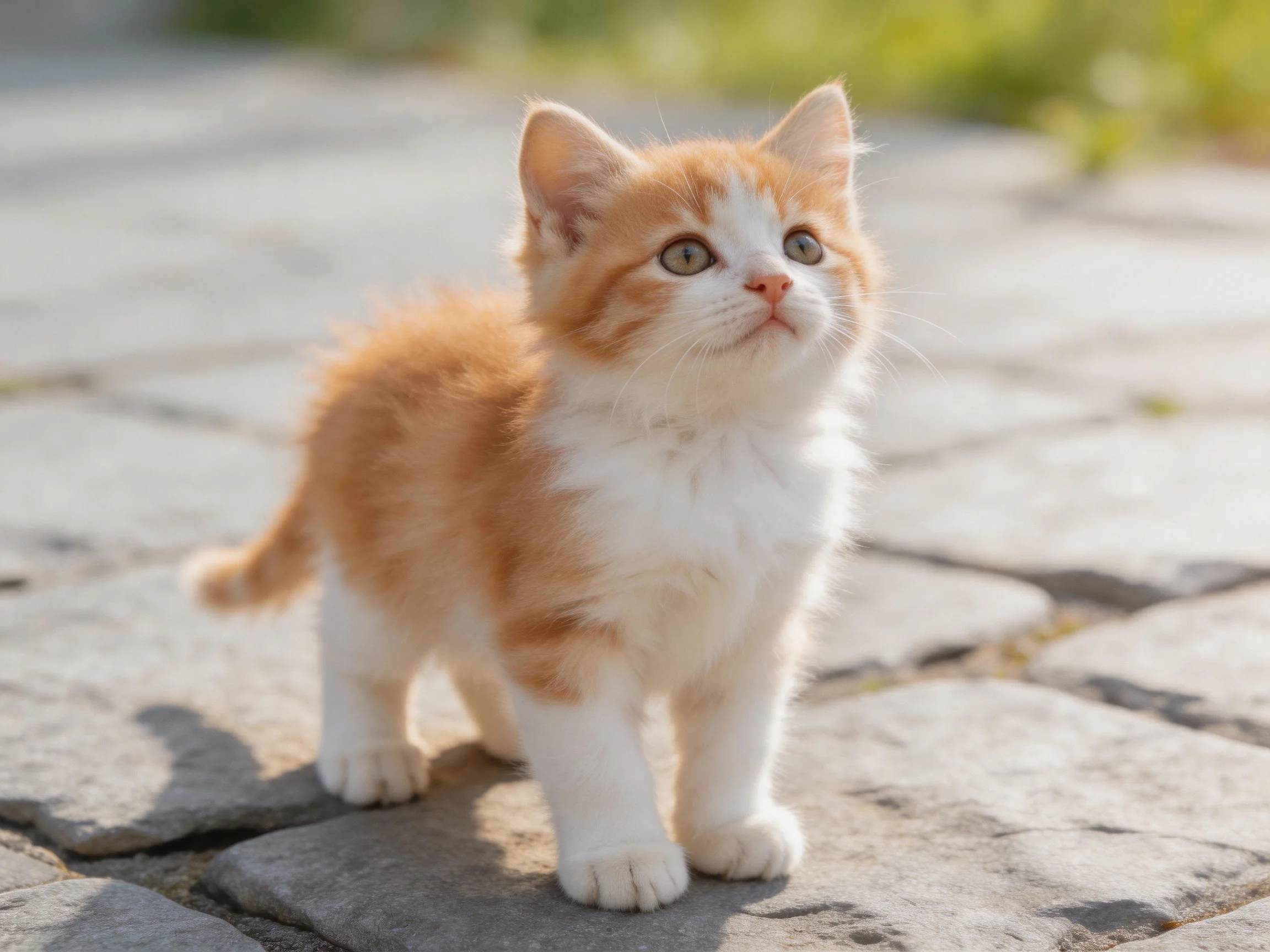 A small orange and white kitten stands on stone pavement outdoors.