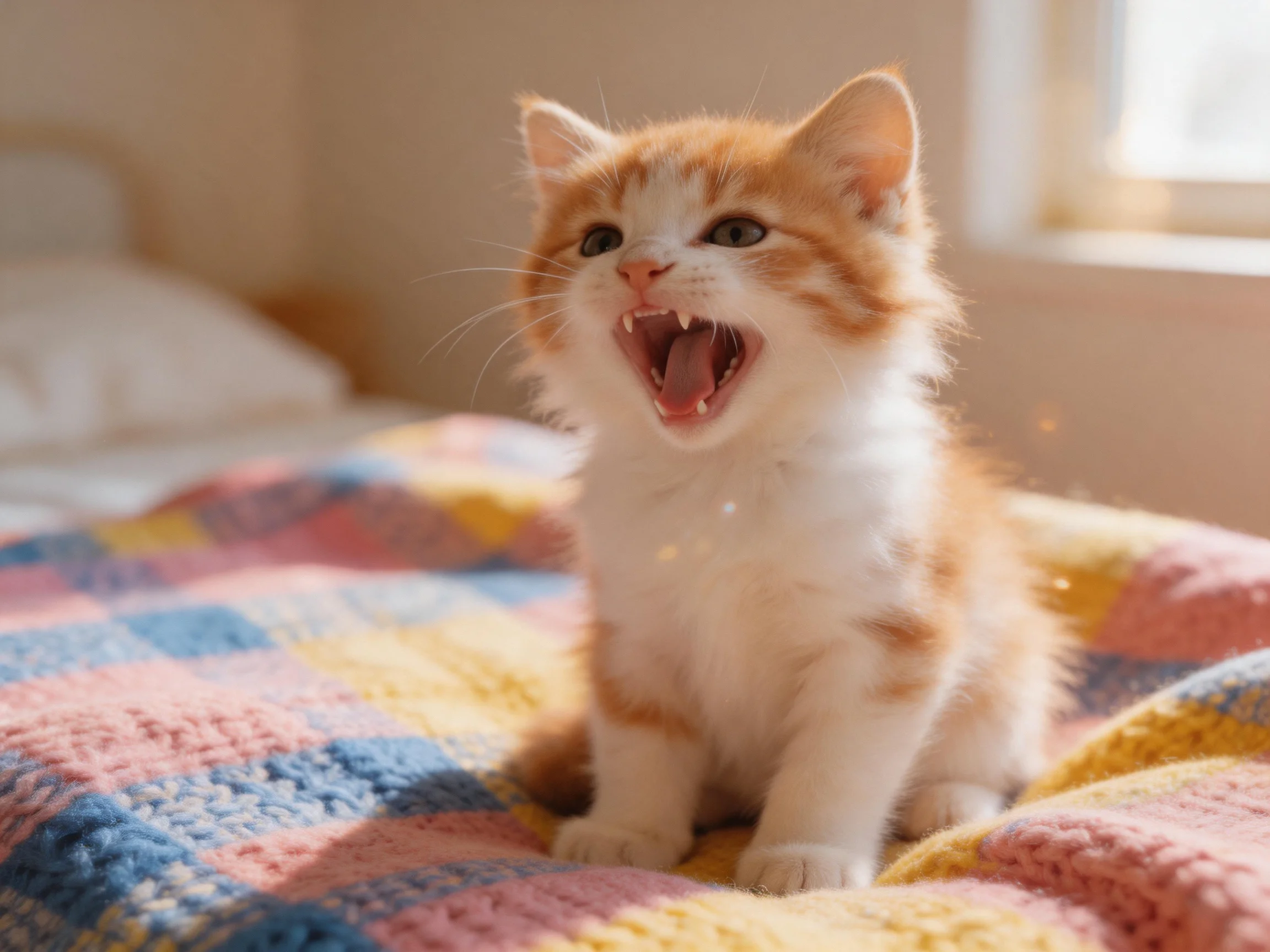 An orange-and-white kitten yawns on a colorful blanket indoors