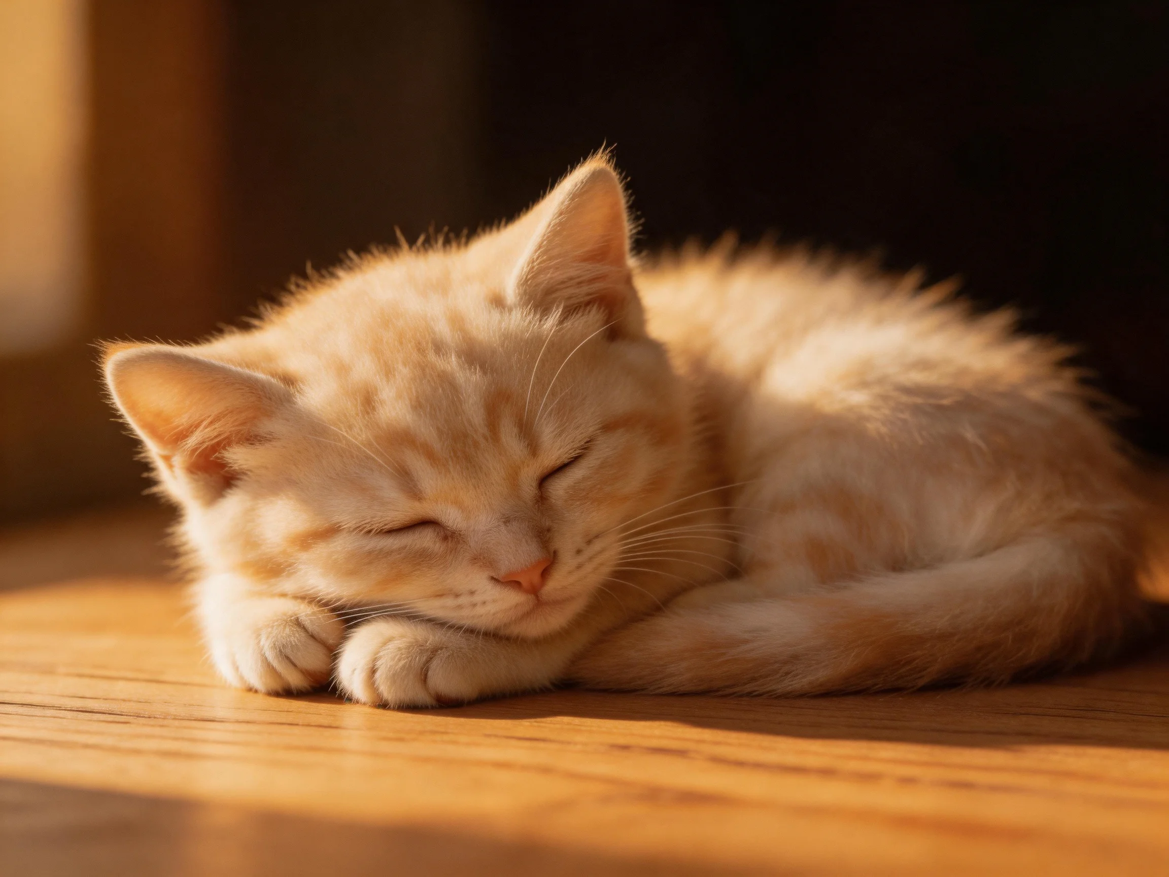 A small orange kitten curls up sleeping on a wooden surface