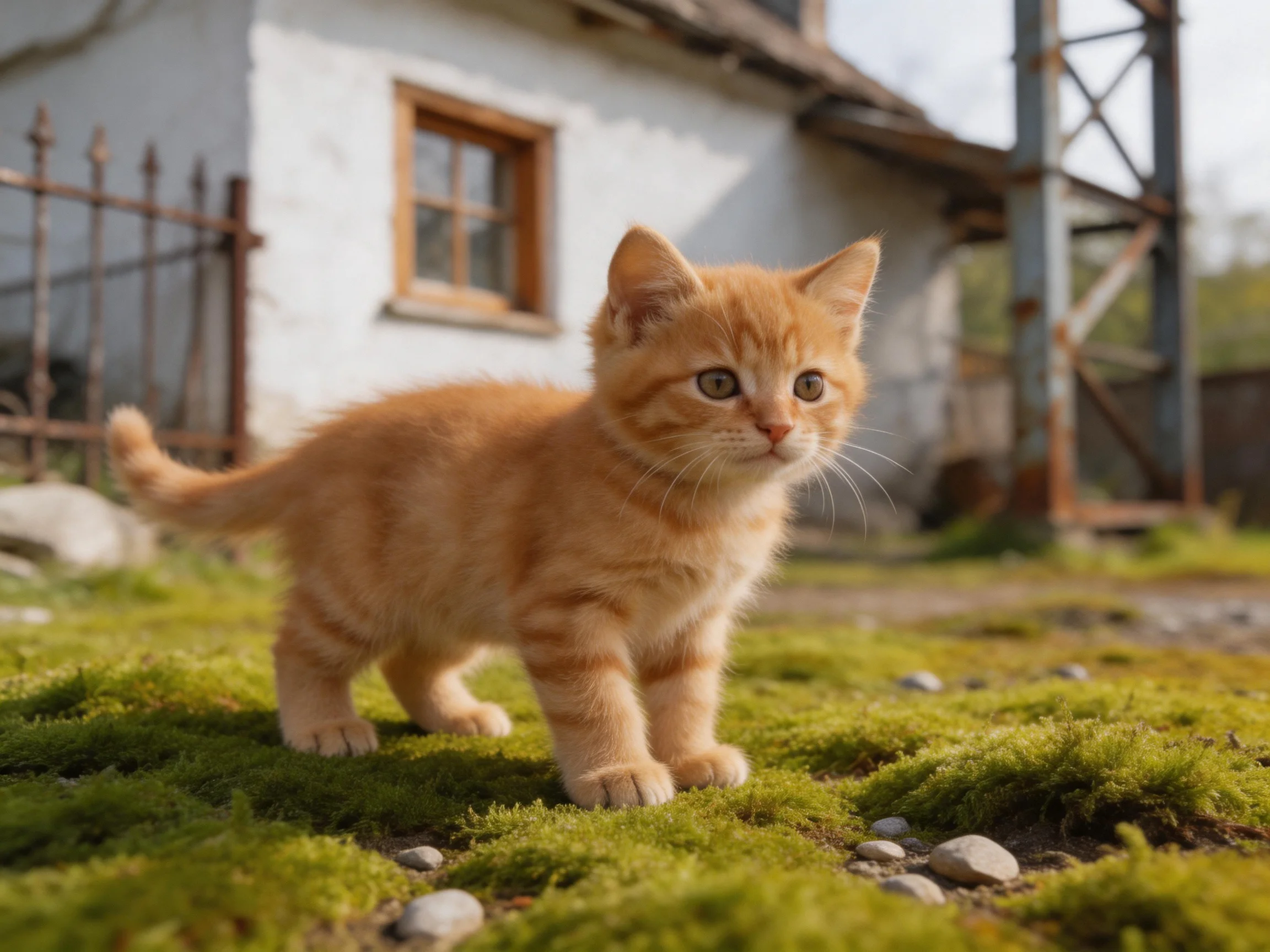 A small orange kitten explores mossy ground near an old white house