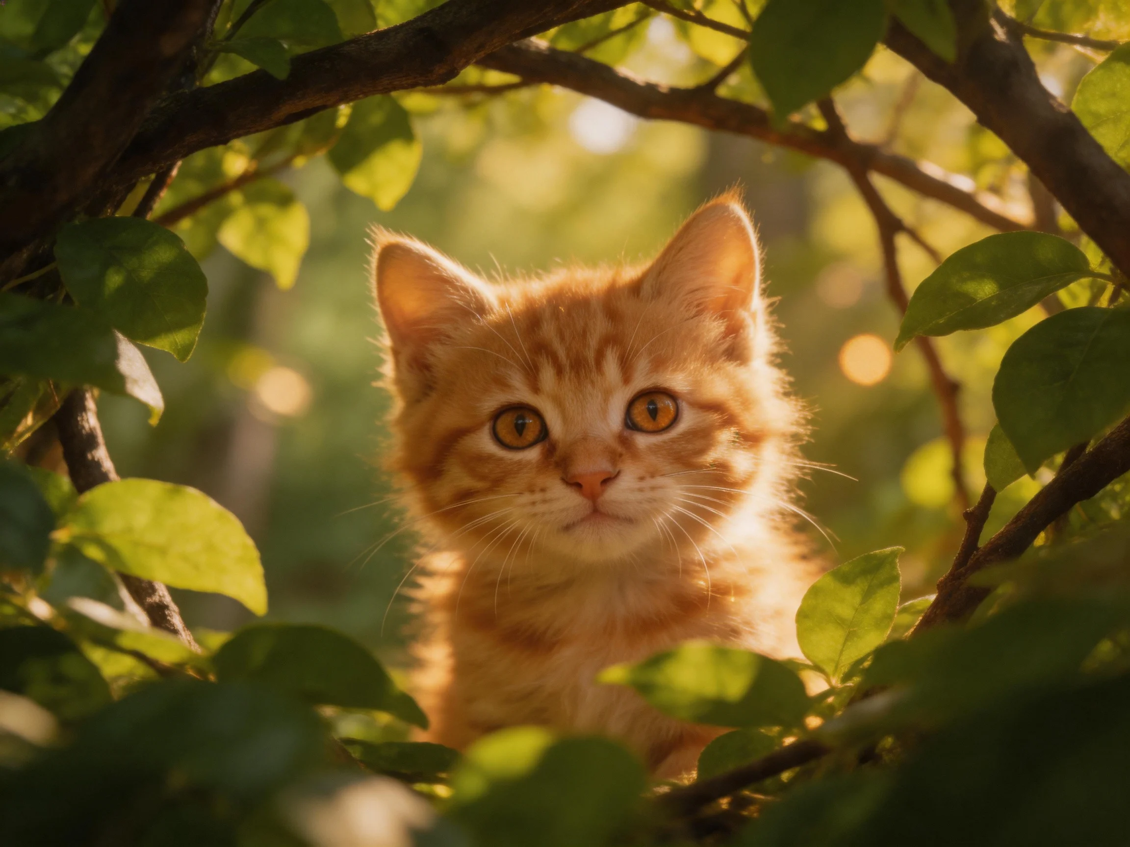 An orange kitten sits amid greenery in a sunlit natural setting.