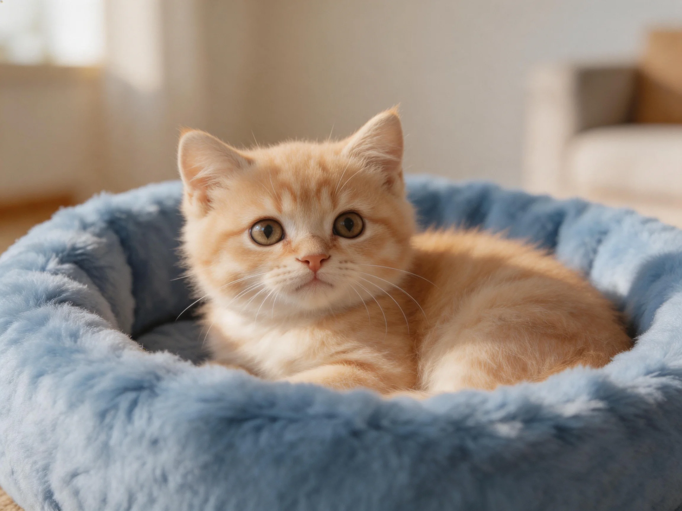 A small orange kitten relaxes comfortably in a blue pet bed.
