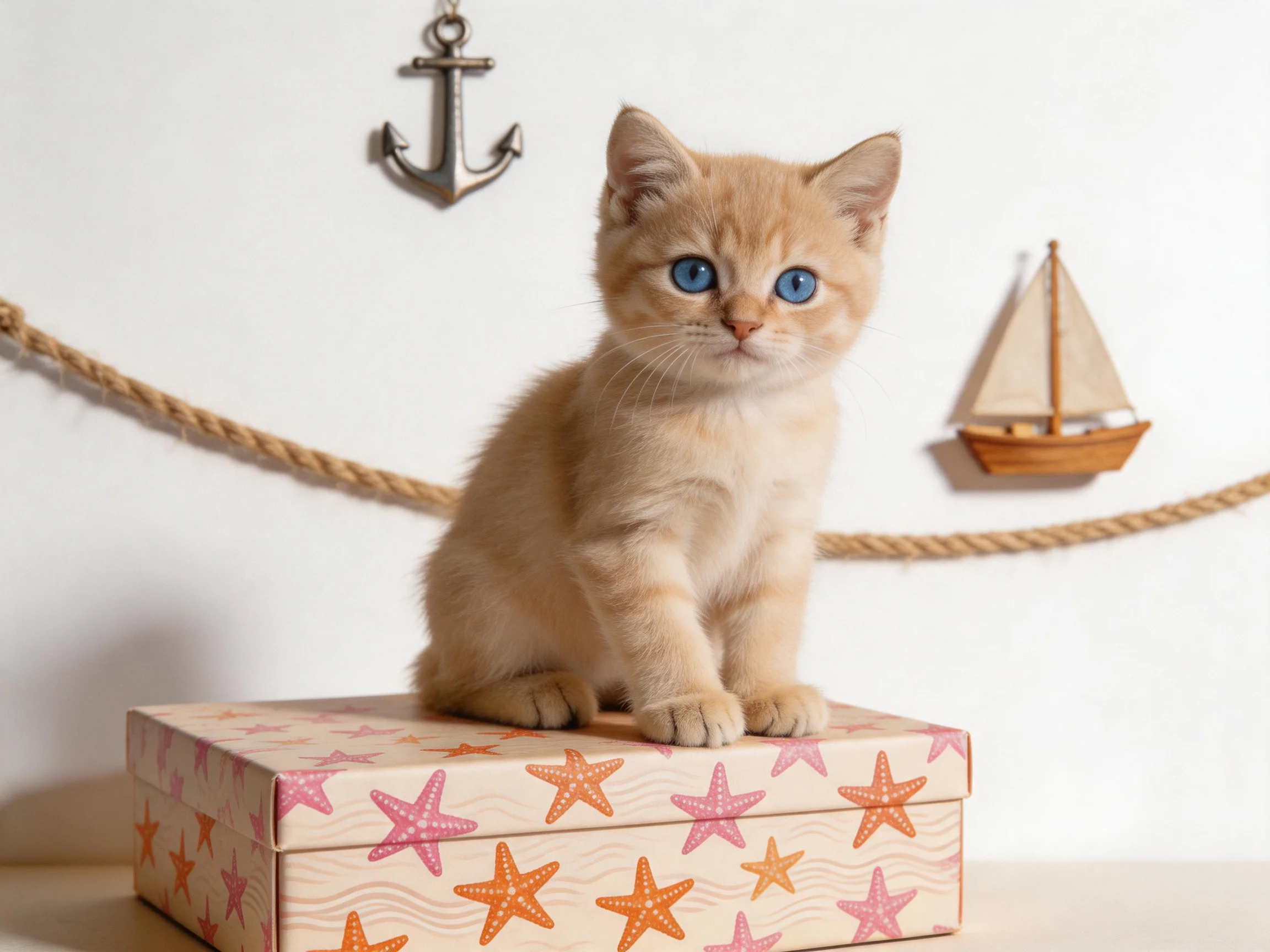 An orange kitten sits on a starfish box with nautical decor in the background.