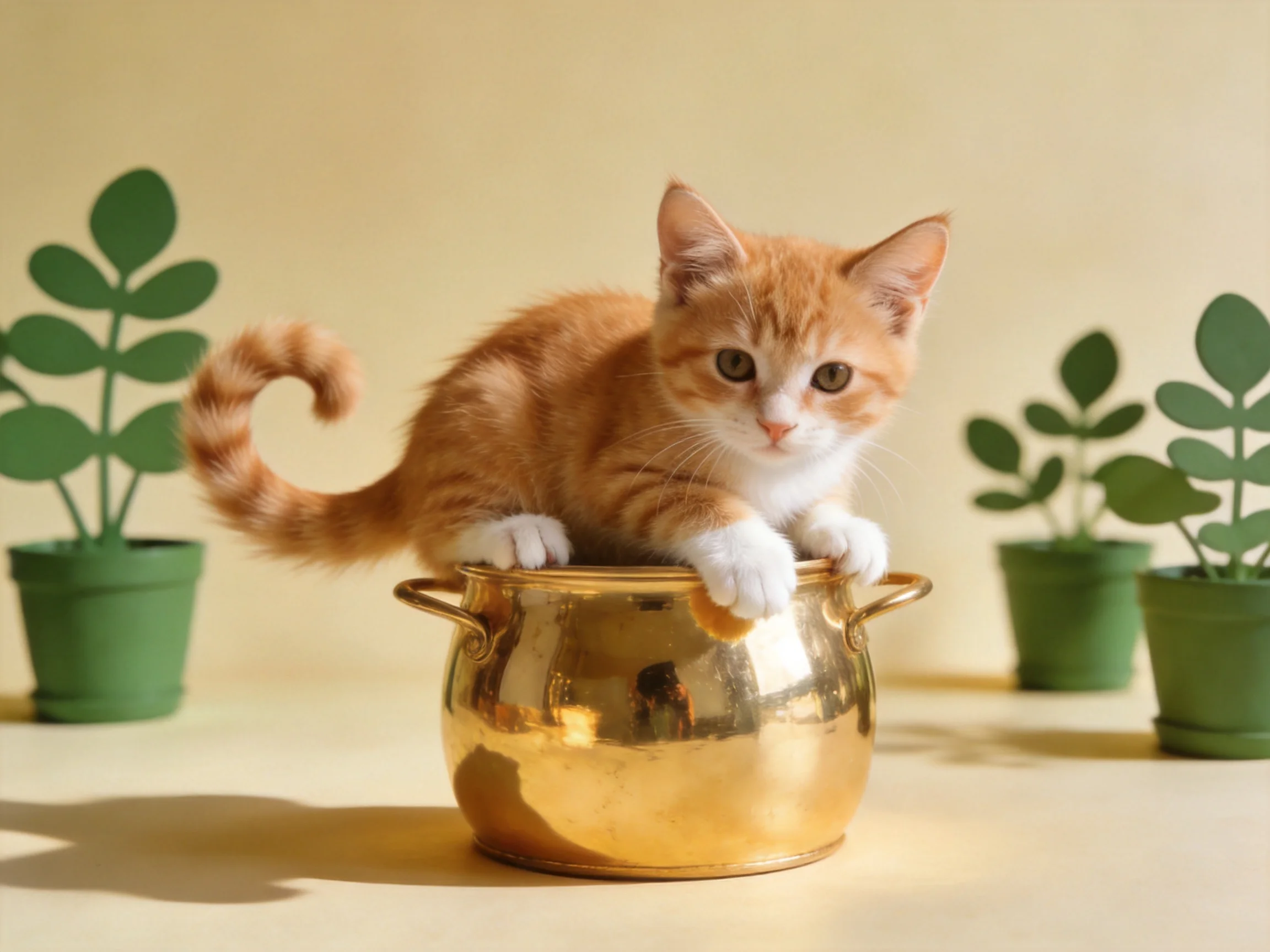 A small orange kitten sitting on a shiny golden pot with green potted cutouts