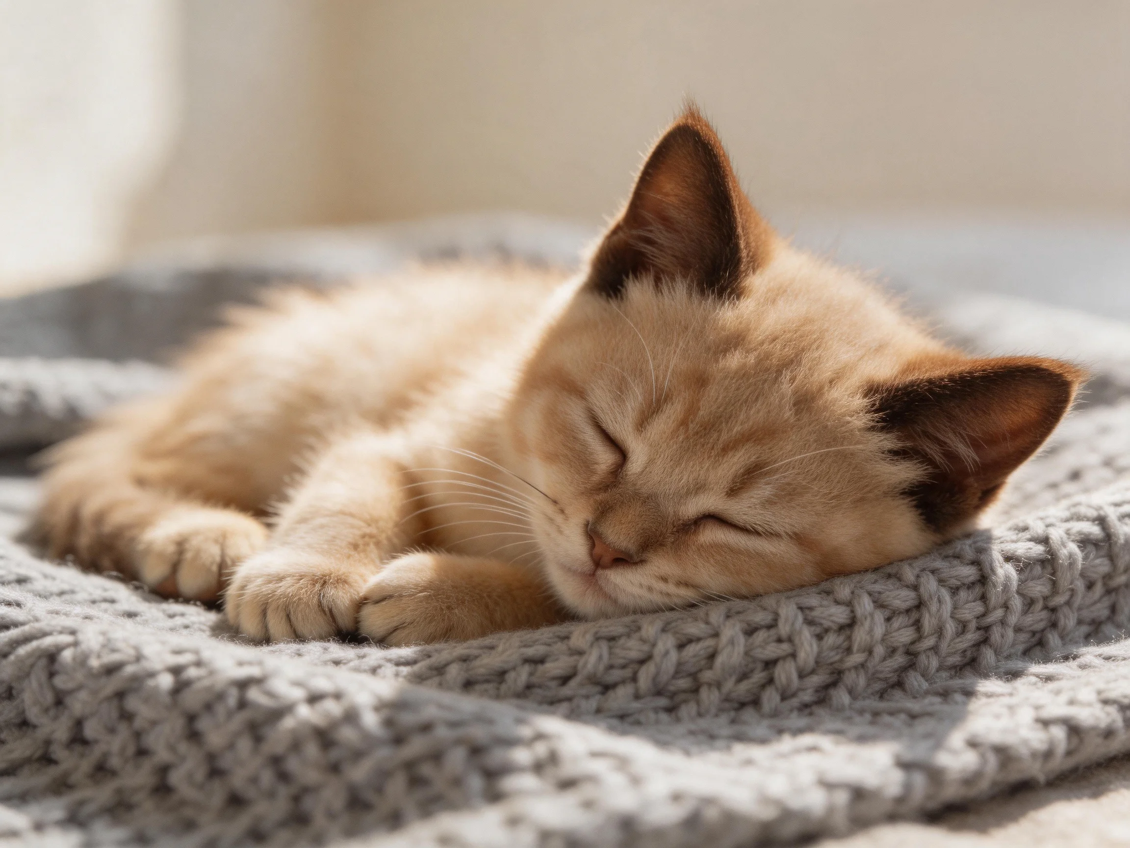 A small orange kitten sleeps on a knitted gray blanket