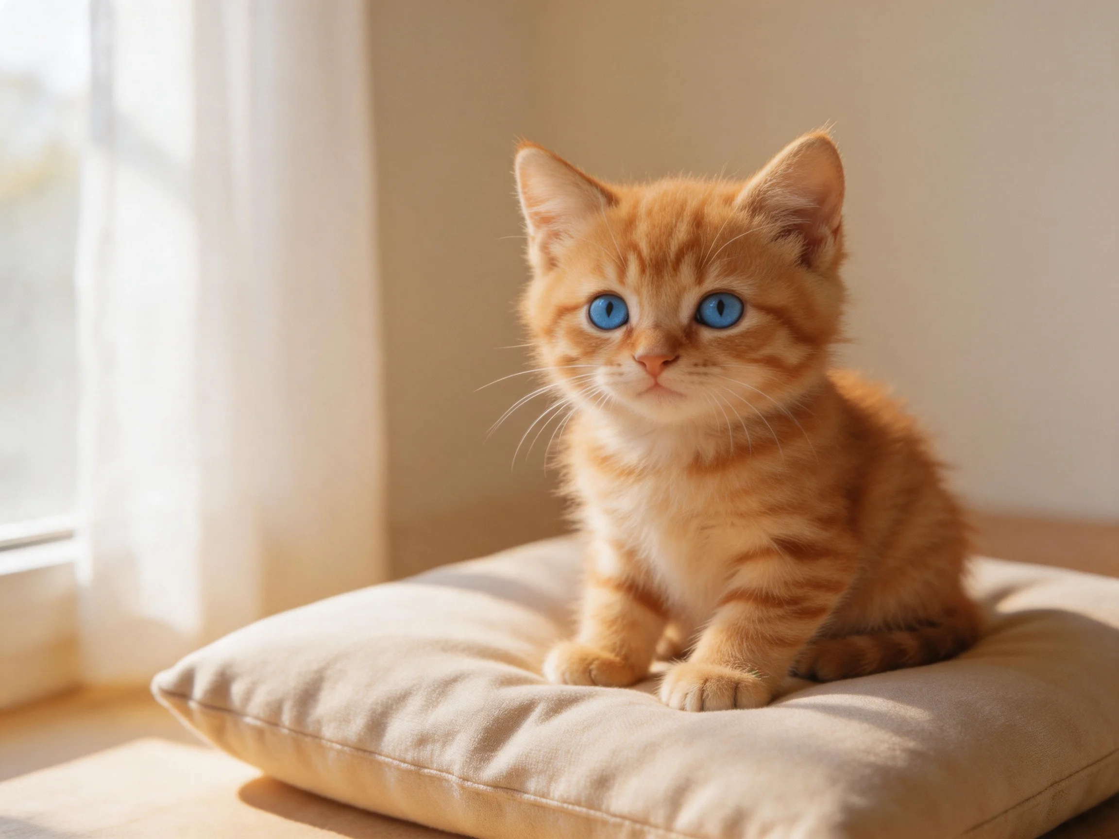 An orange kitten with blue eyes rests on a cushion near a sunlit window.