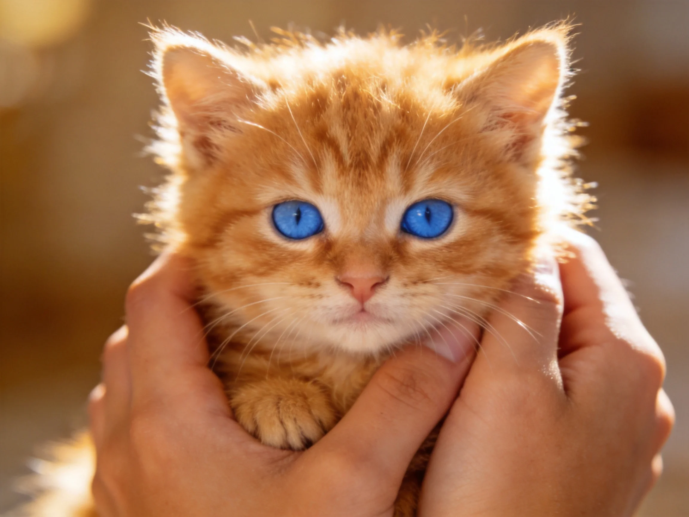 An orange kitten with bright blue eyes is gently held by humans.