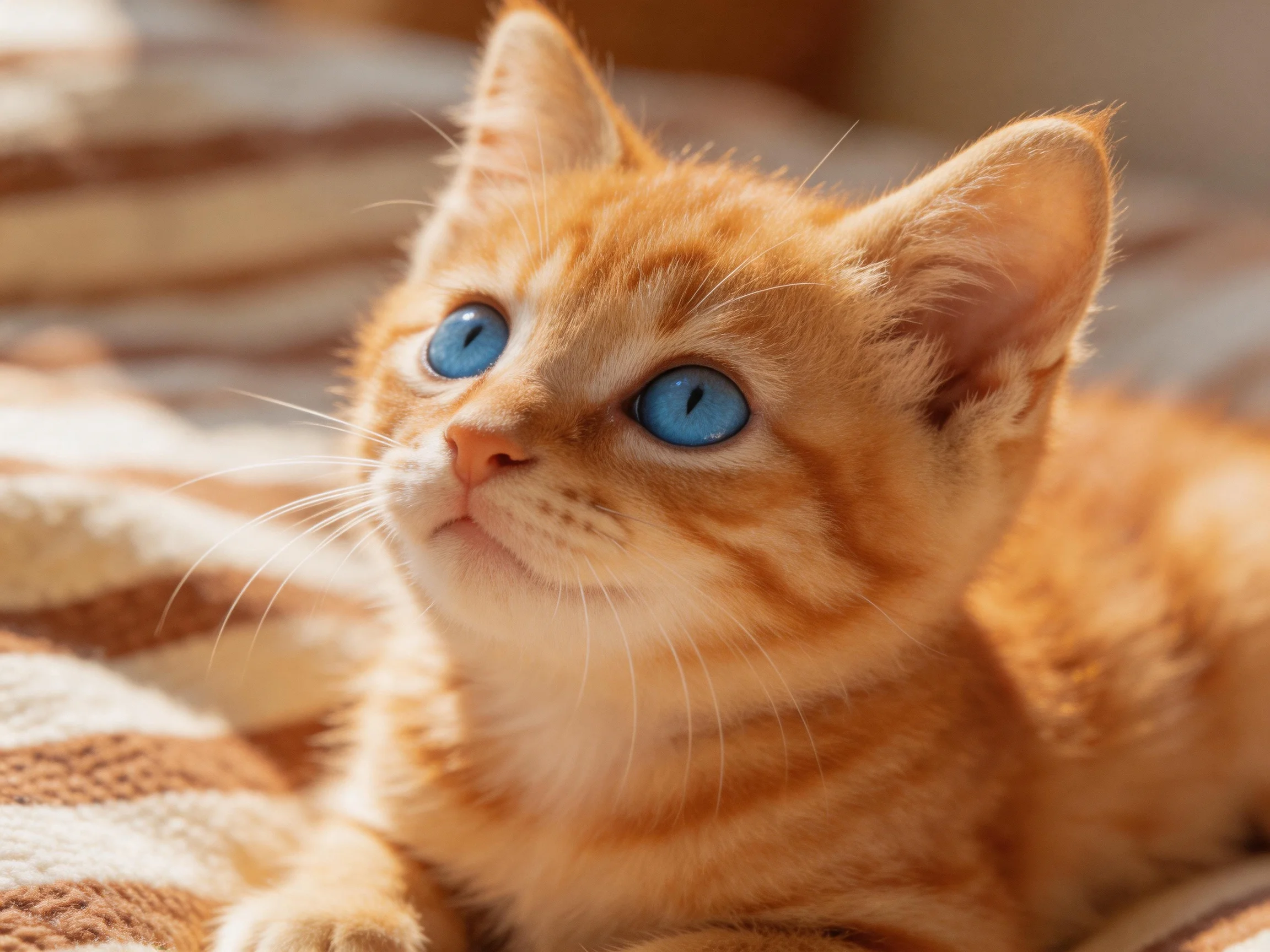 A small orange kitten with bright blue eyes rests on a striped blanket