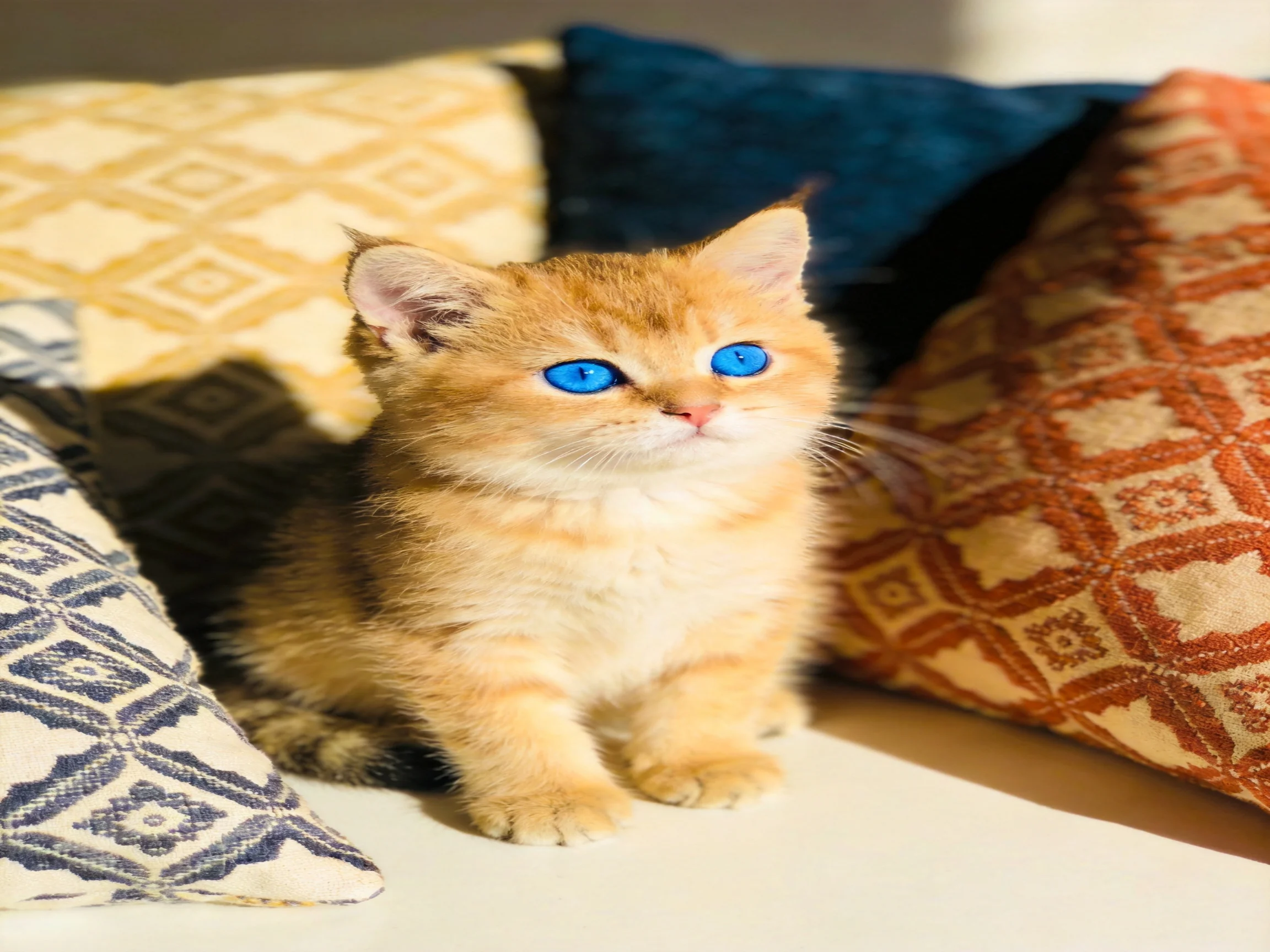 A small orange kitten with blue eyes sits among decorative cushions.