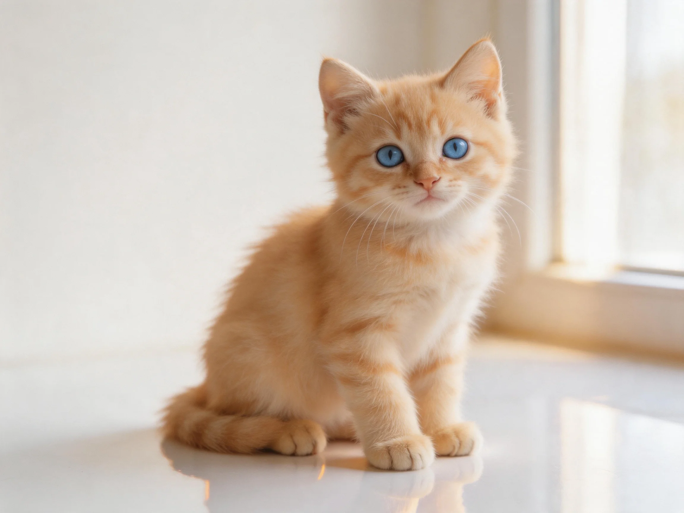 An orange kitten with blue eyes sits calmly near a sunlit window.