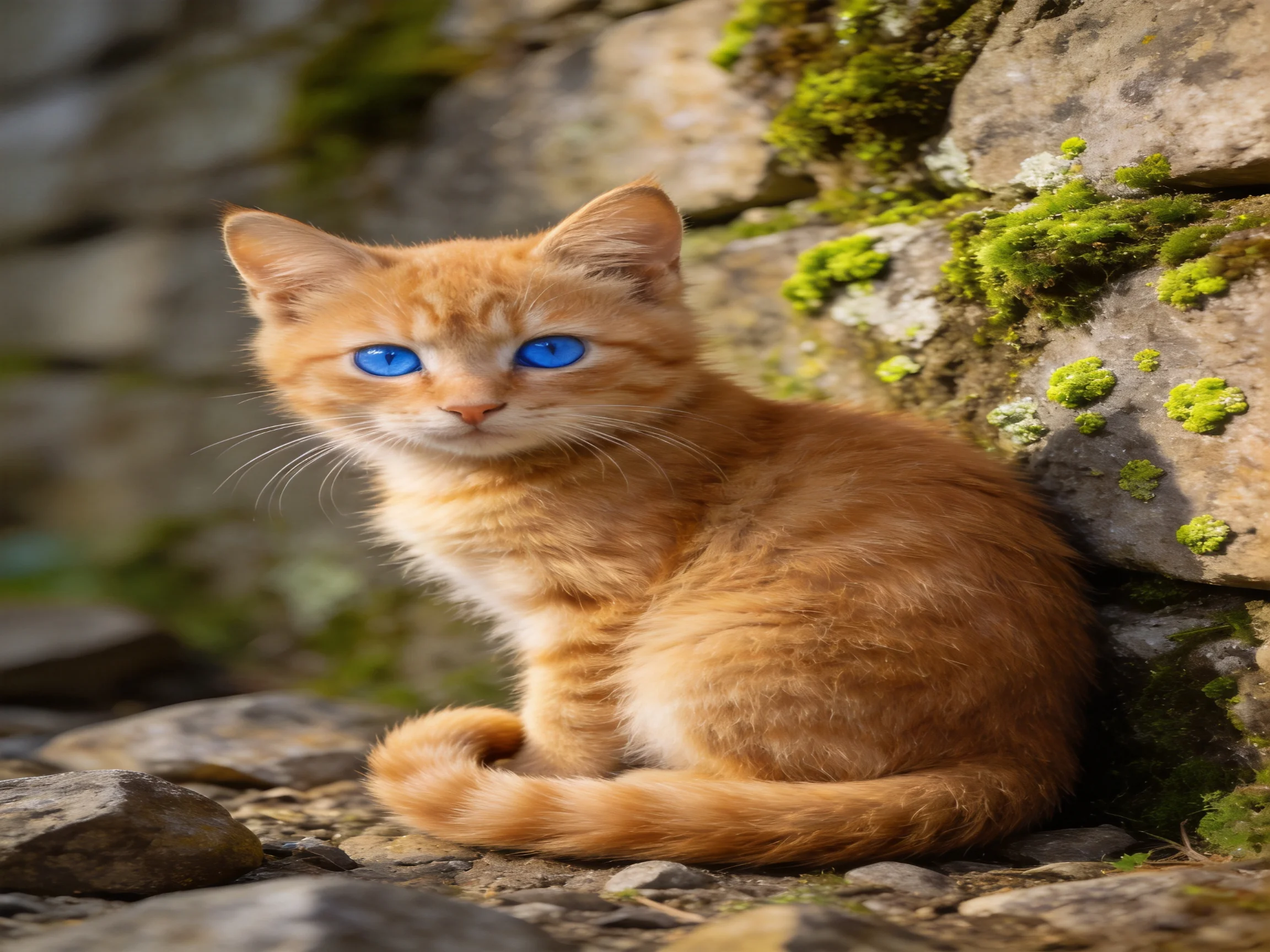 An orange kitten with blue eyes rests near mossy stone structures.