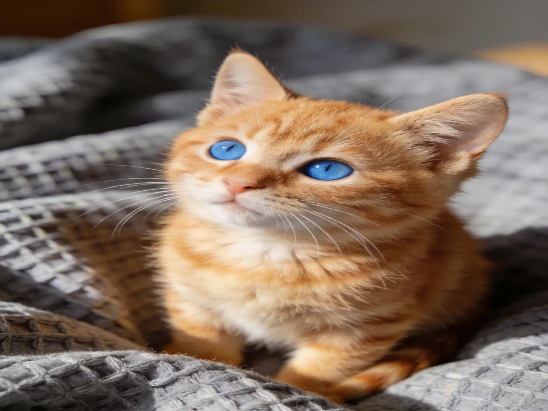 An orange kitten with blue eyes sits on a gray blanket.