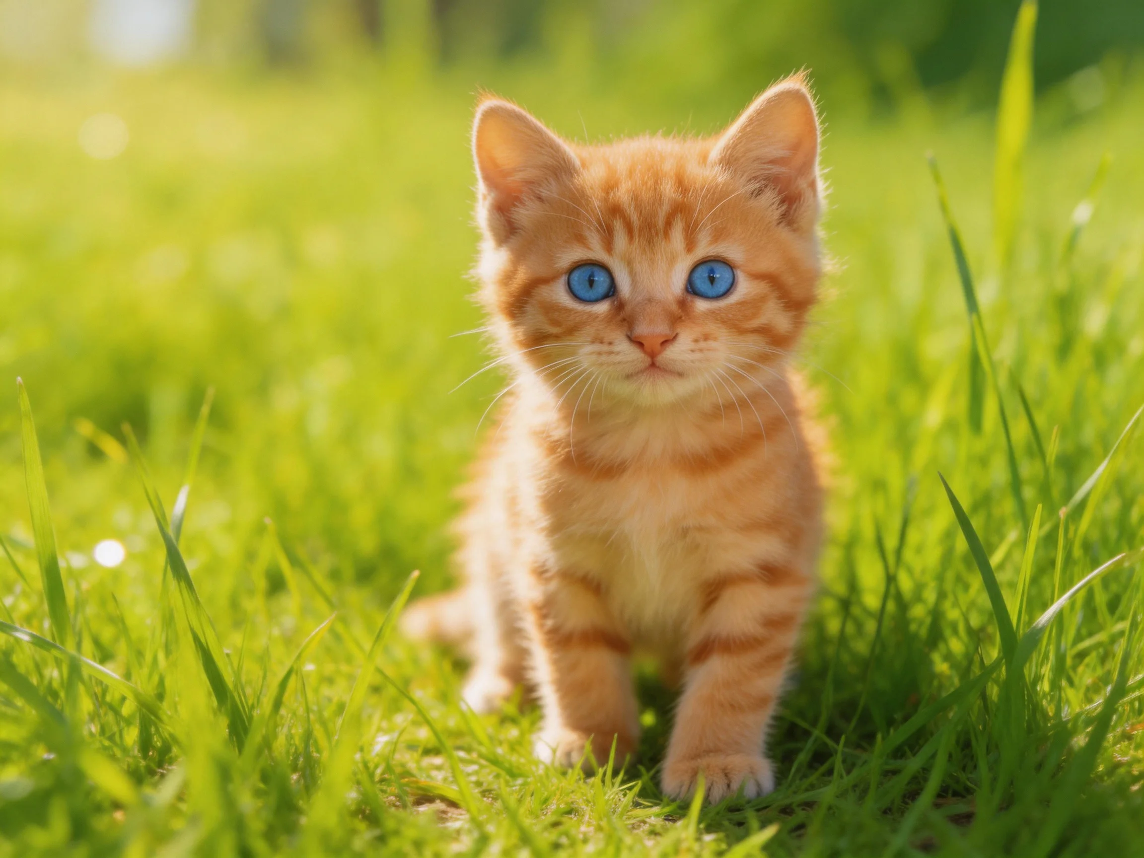 A small orange kitten with blue eyes explores a sunlit area of tall green grass.