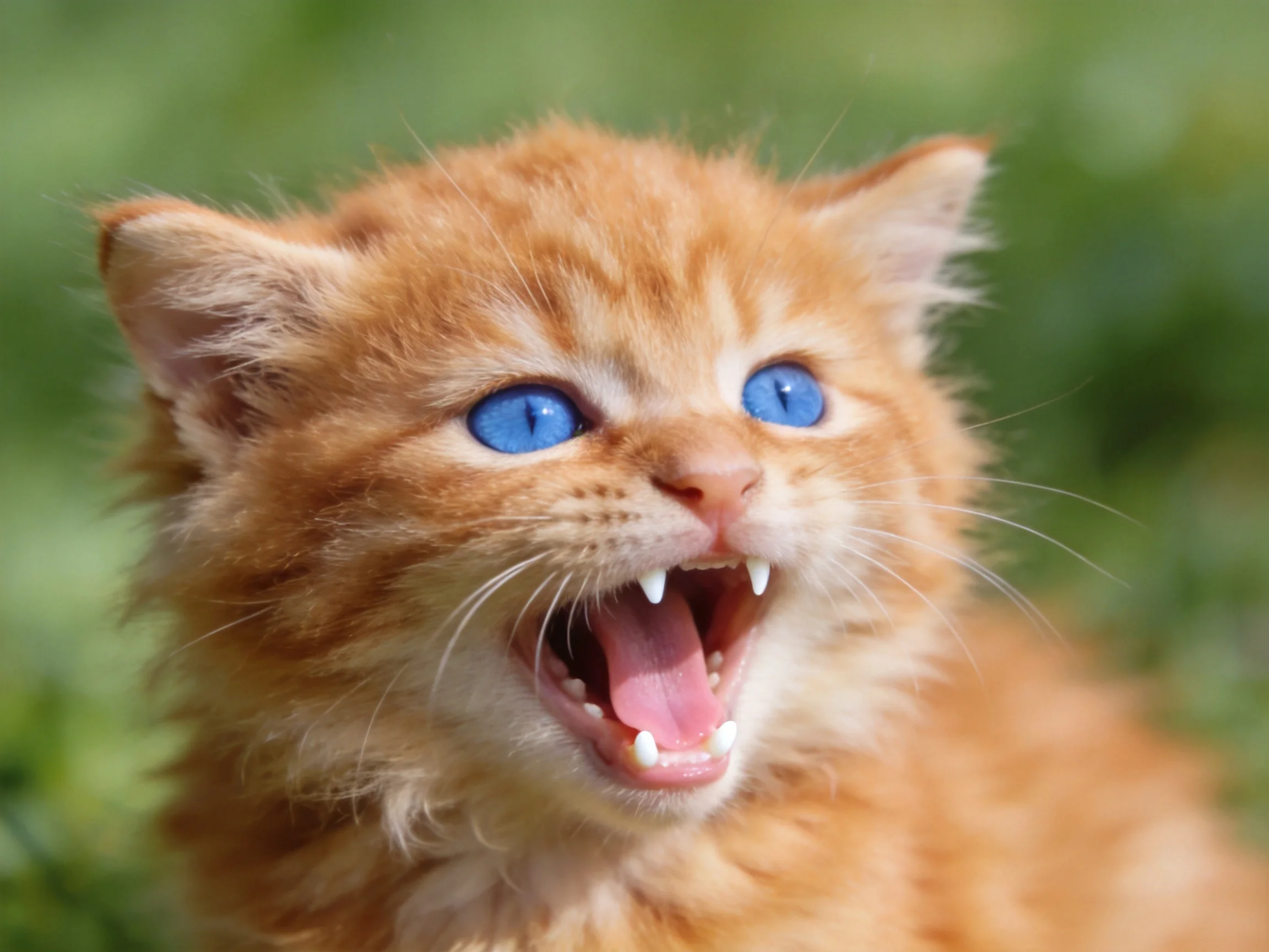 A small orange kitten with bright blue eyes yawns amid a blurred green background.