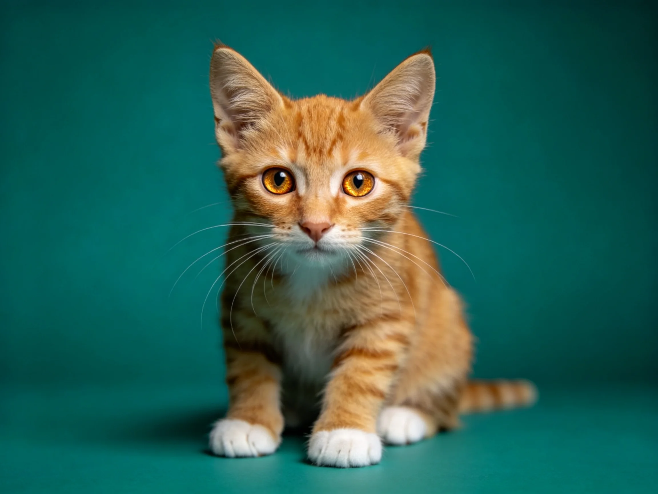 A small orange tabby kitten against a teal backdrop