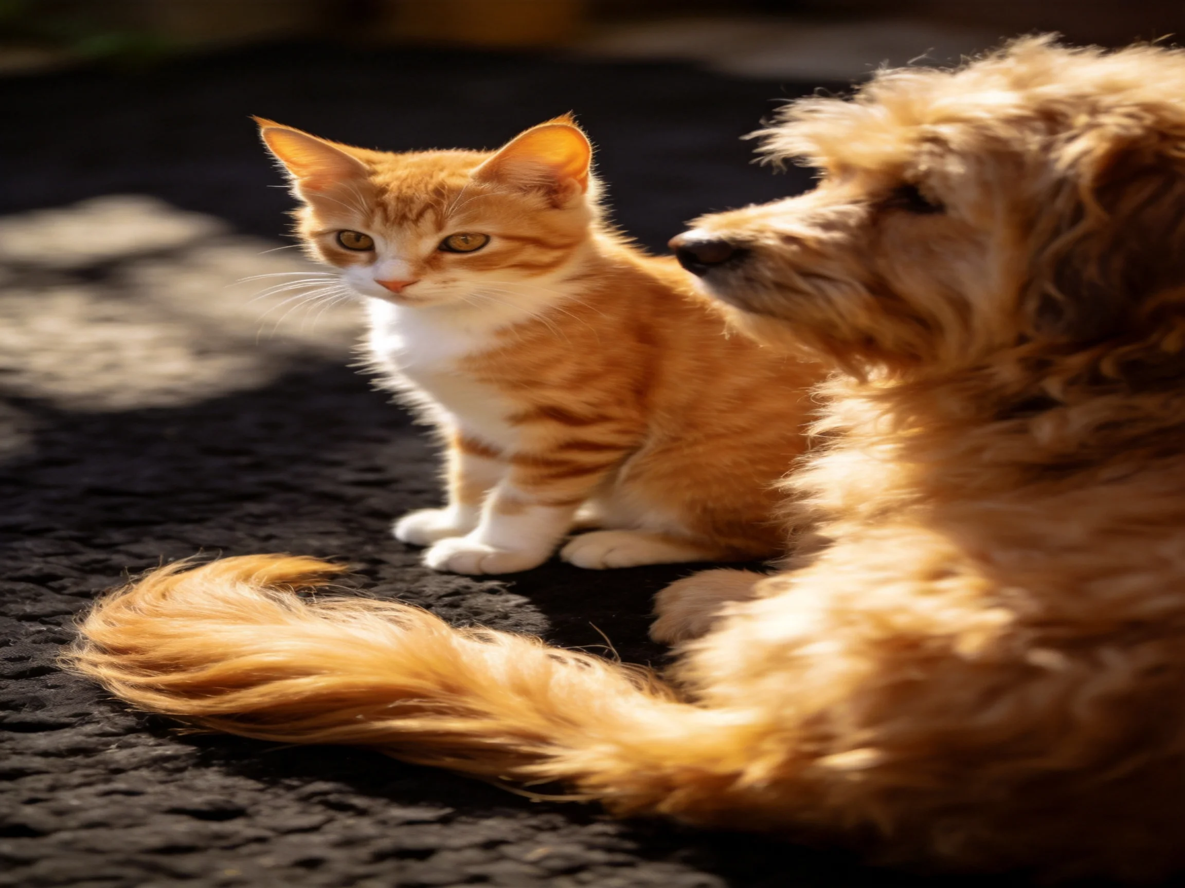 A small orange kitten and a golden retriever sit together in sunlight.