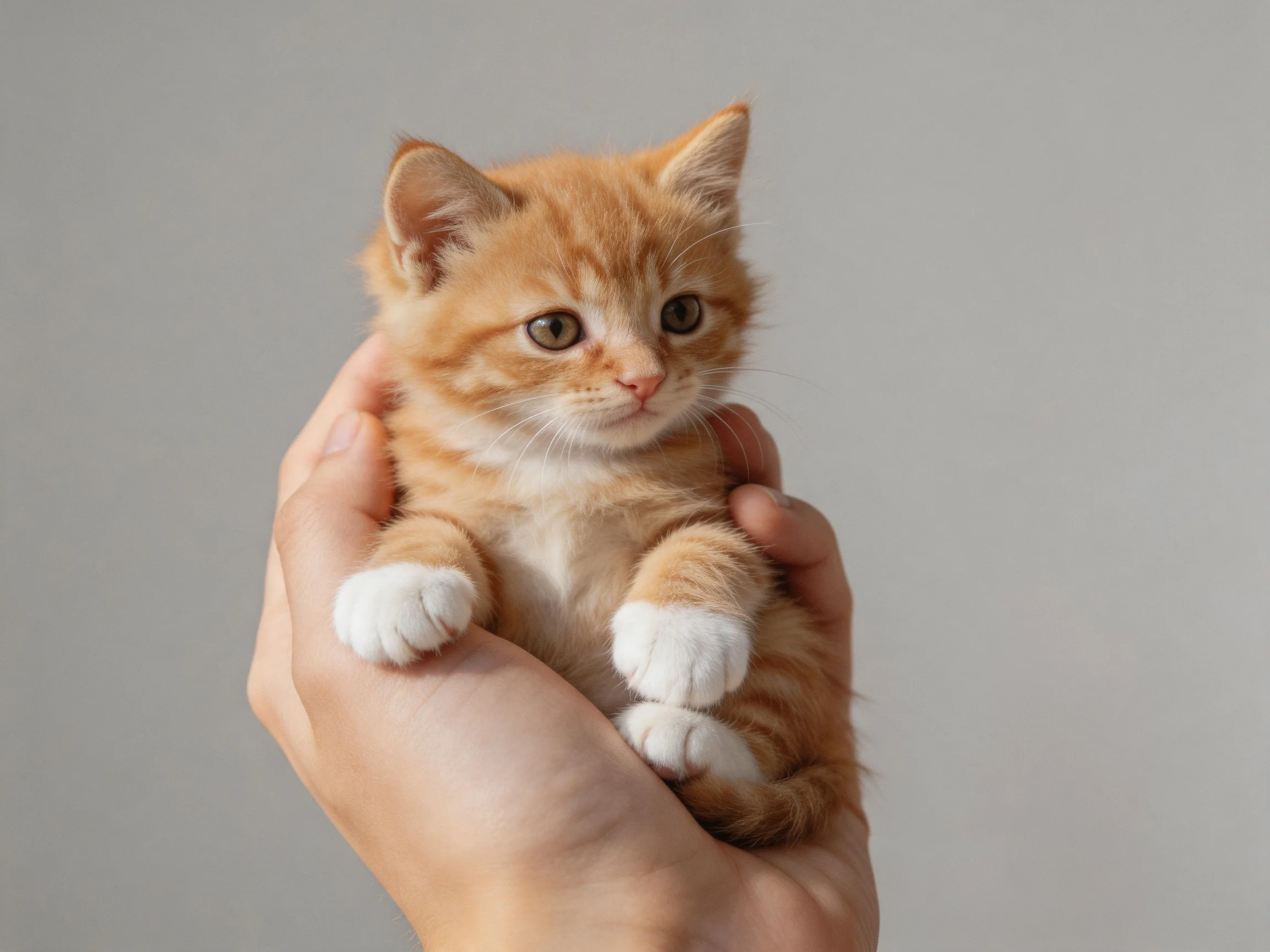 A small orange tabby kitten cradled in human hands against a plain gray backdrop