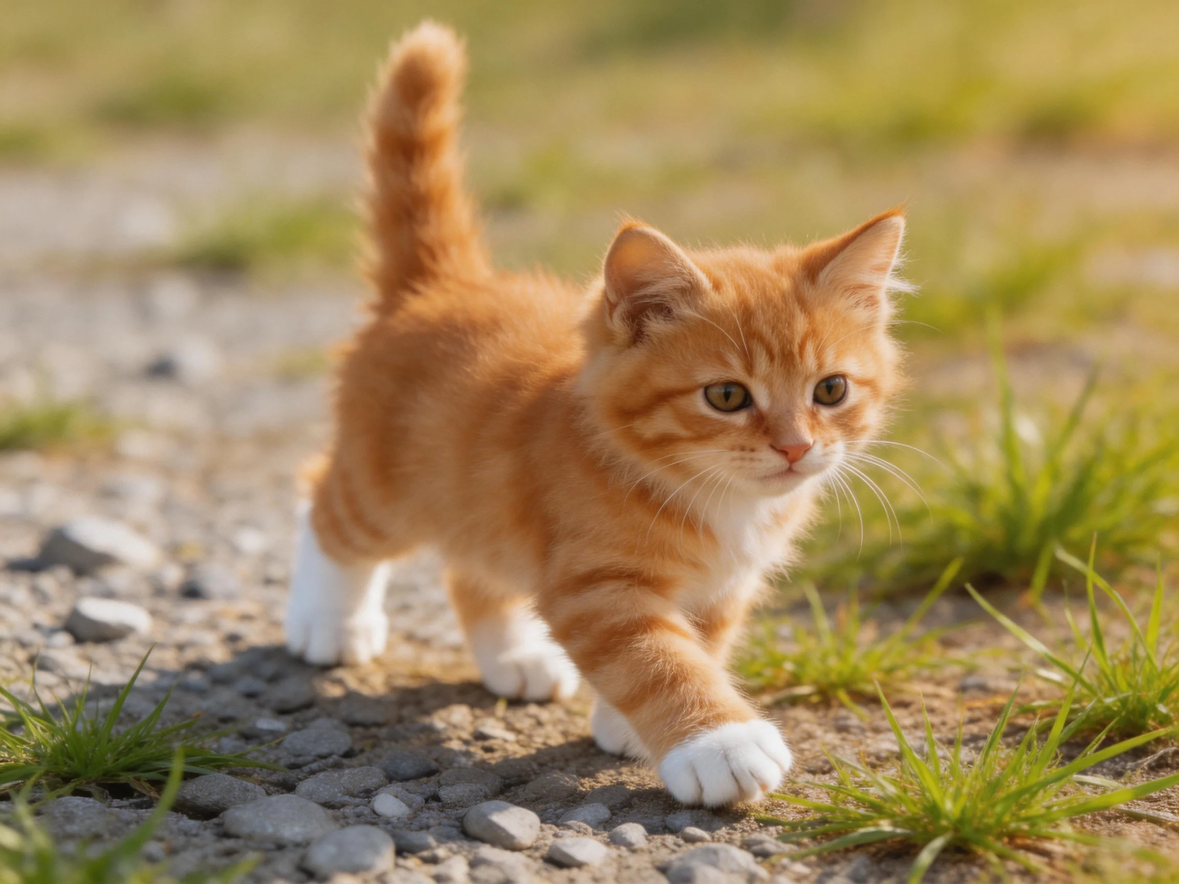 A small orange tabby kitten explores gravel path next to green grass