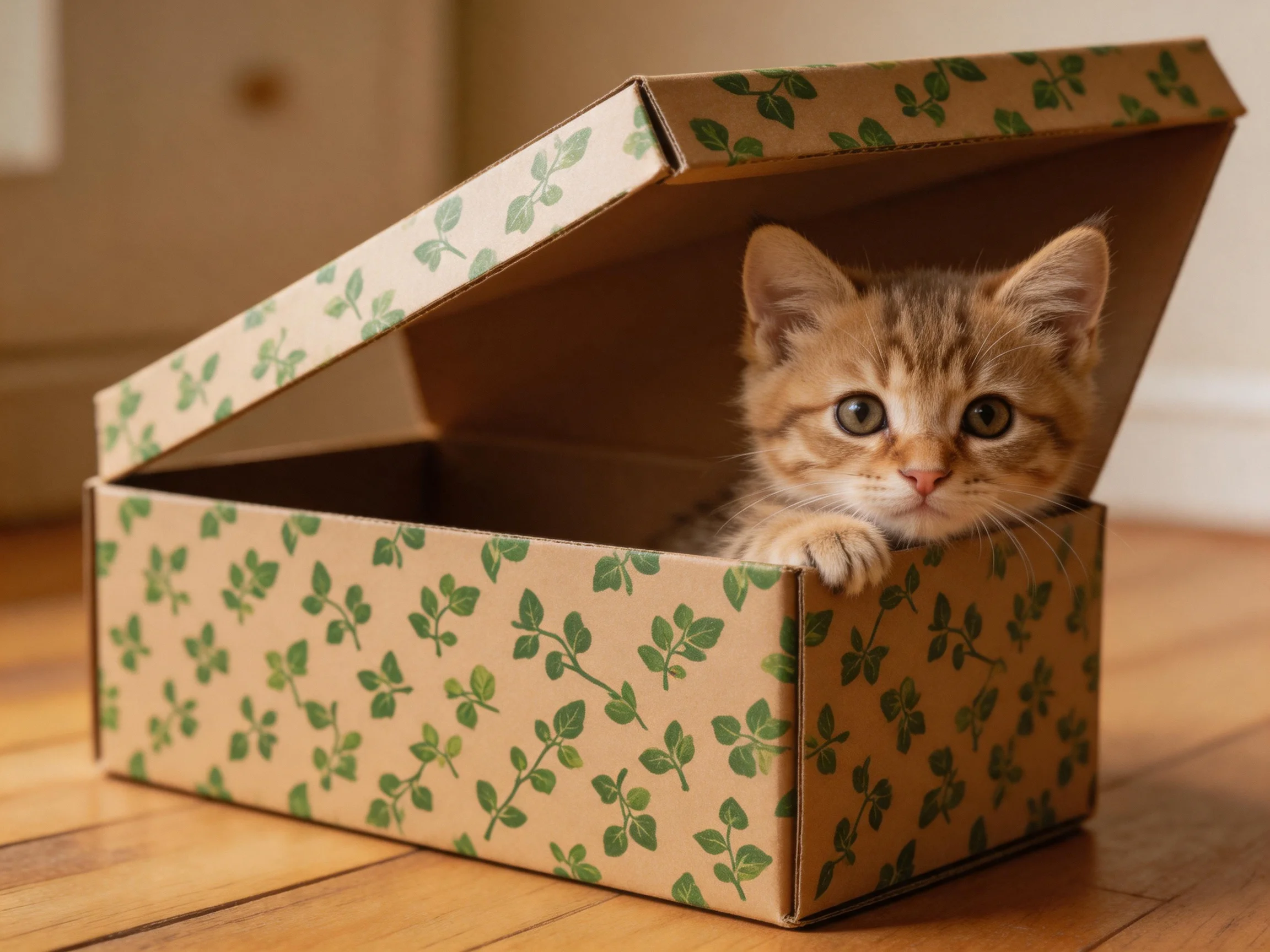 An orange tabby kitten peeks from an open leaf-patterned box.