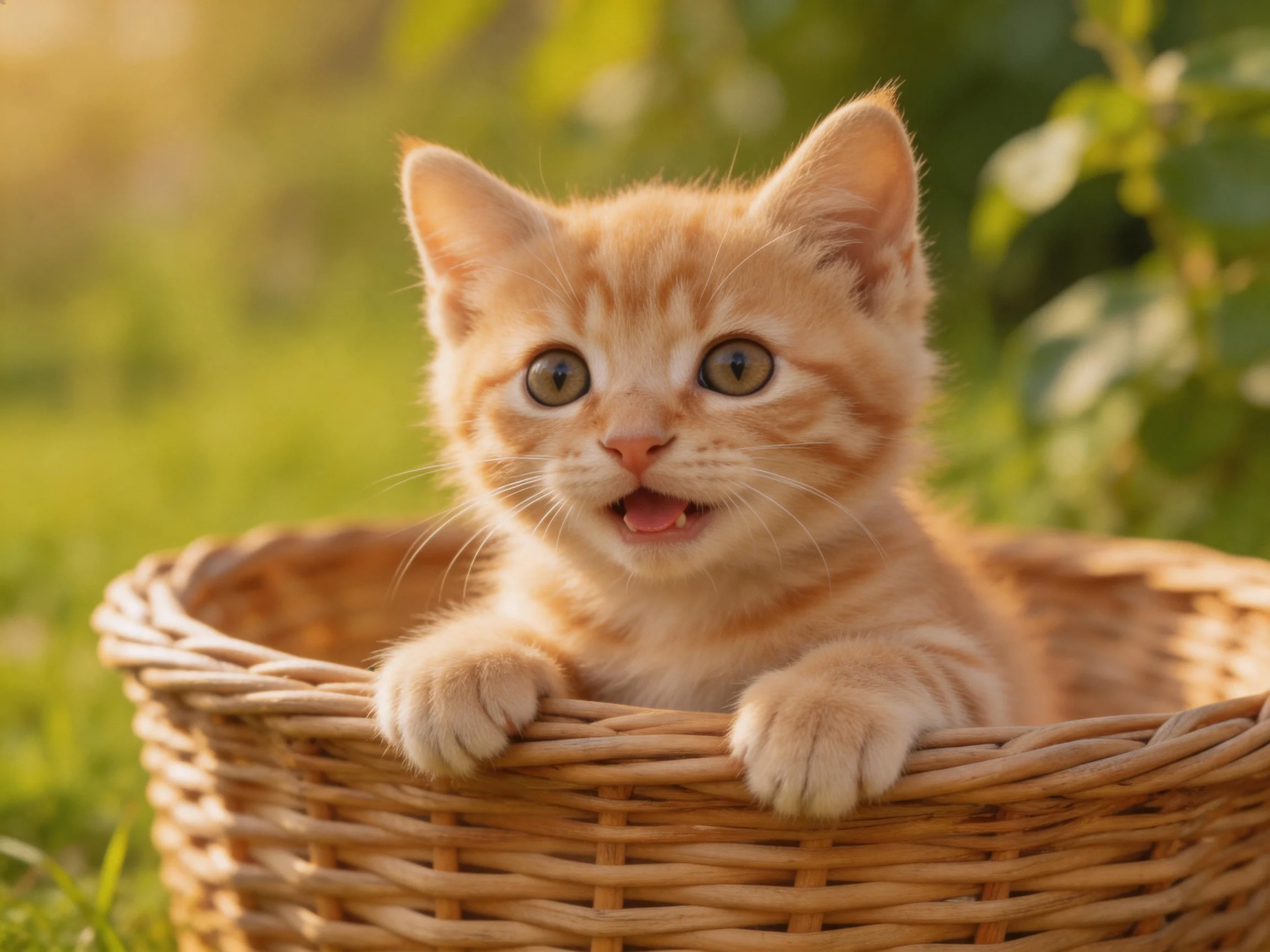 A small orange tabby kitten in a woven basket outdoors