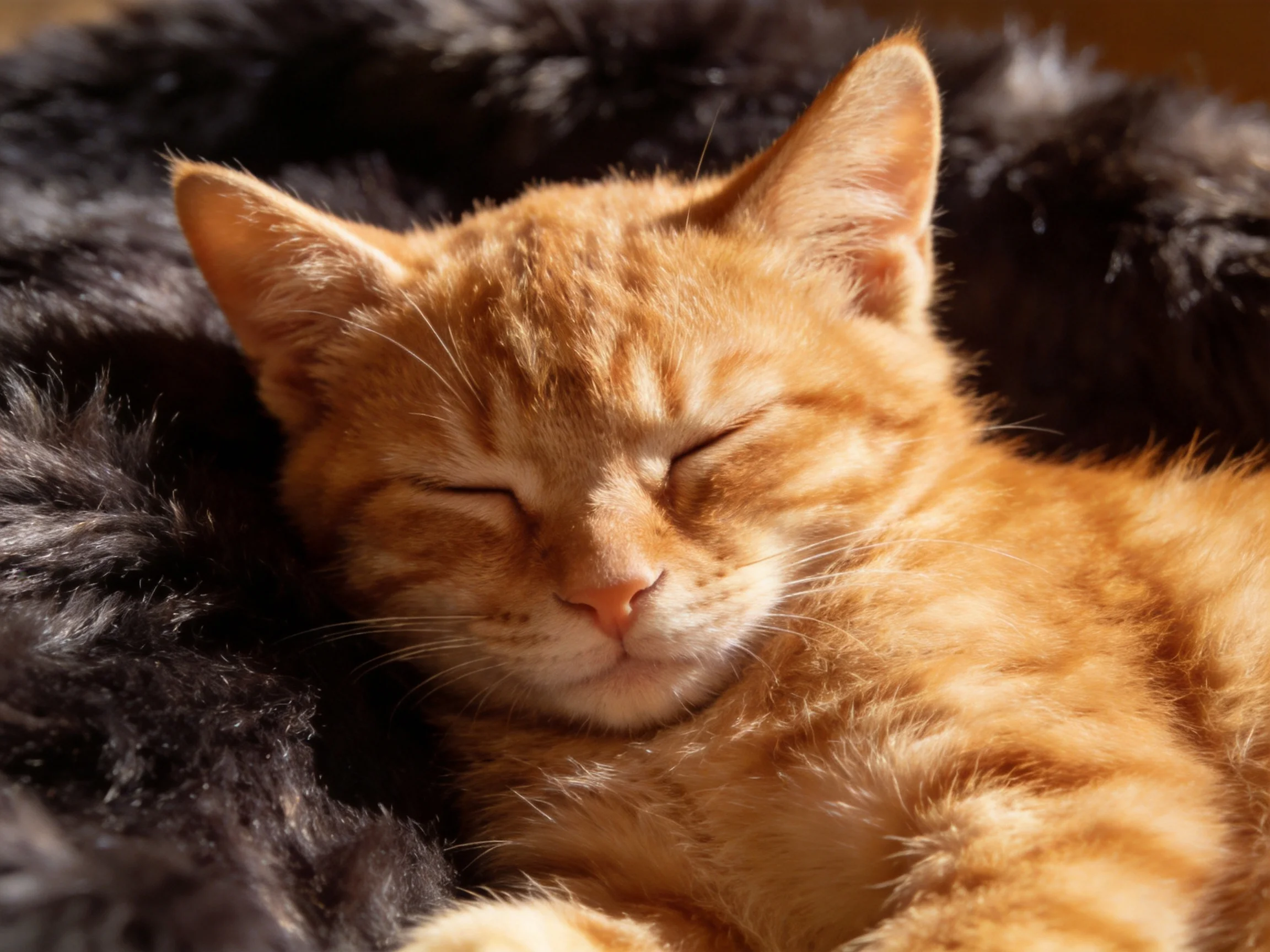 A small orange tabby kitten sleeps on a dark, soft material