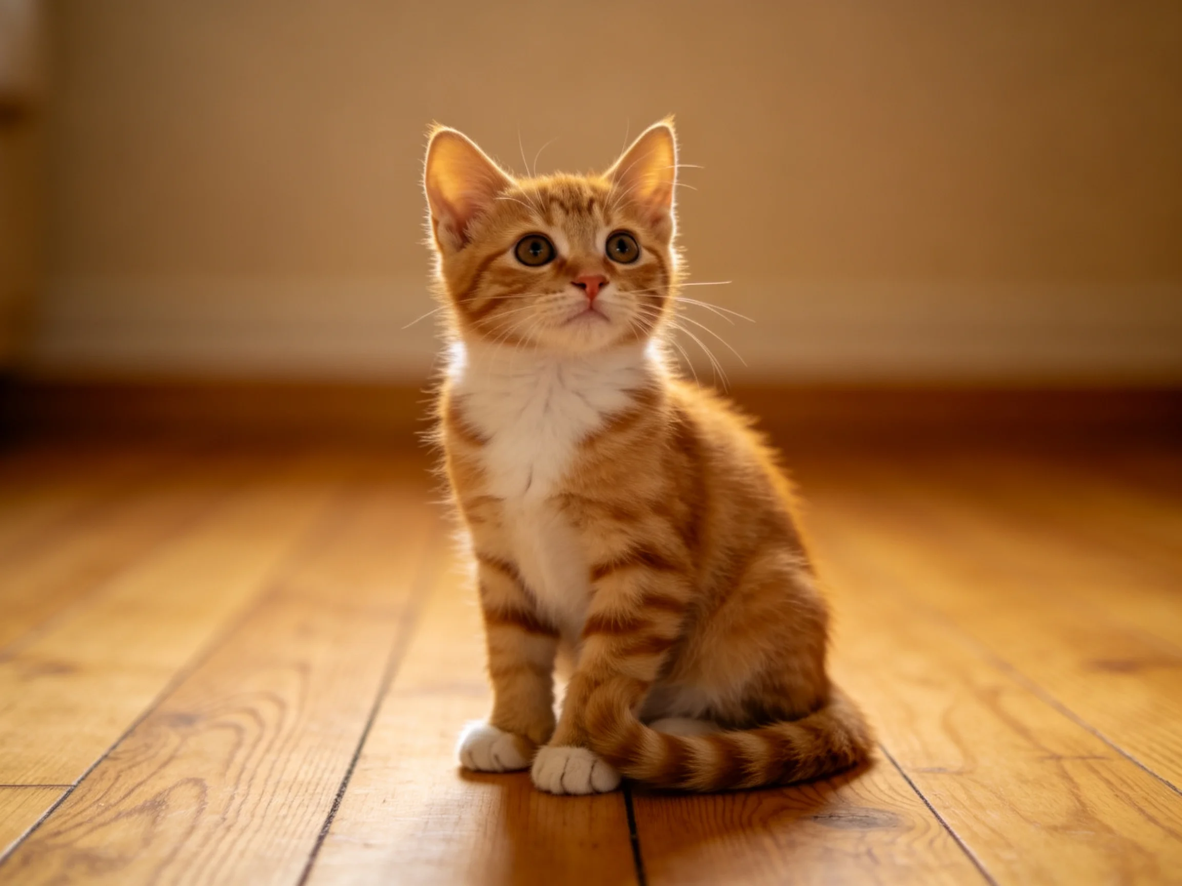 A small orange tabby kitten on a polished wooden floor