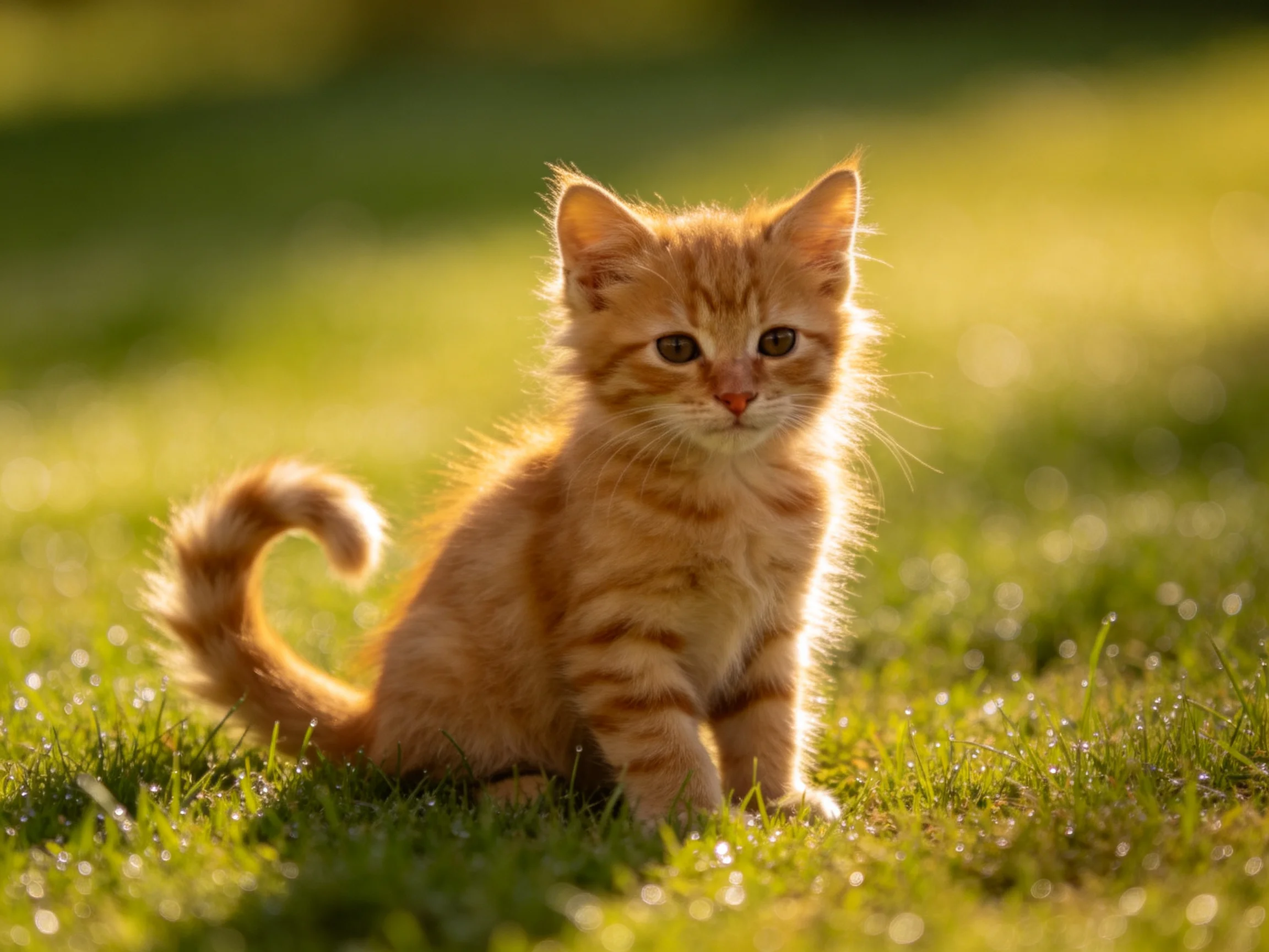 A small orange tabby kitten on sun-drenched green grass