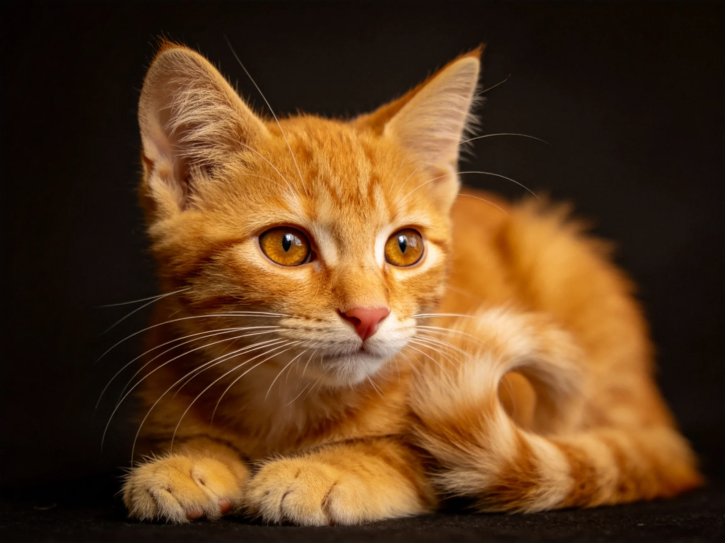 An orange tabby kitten rests calmly with a focused gaze.