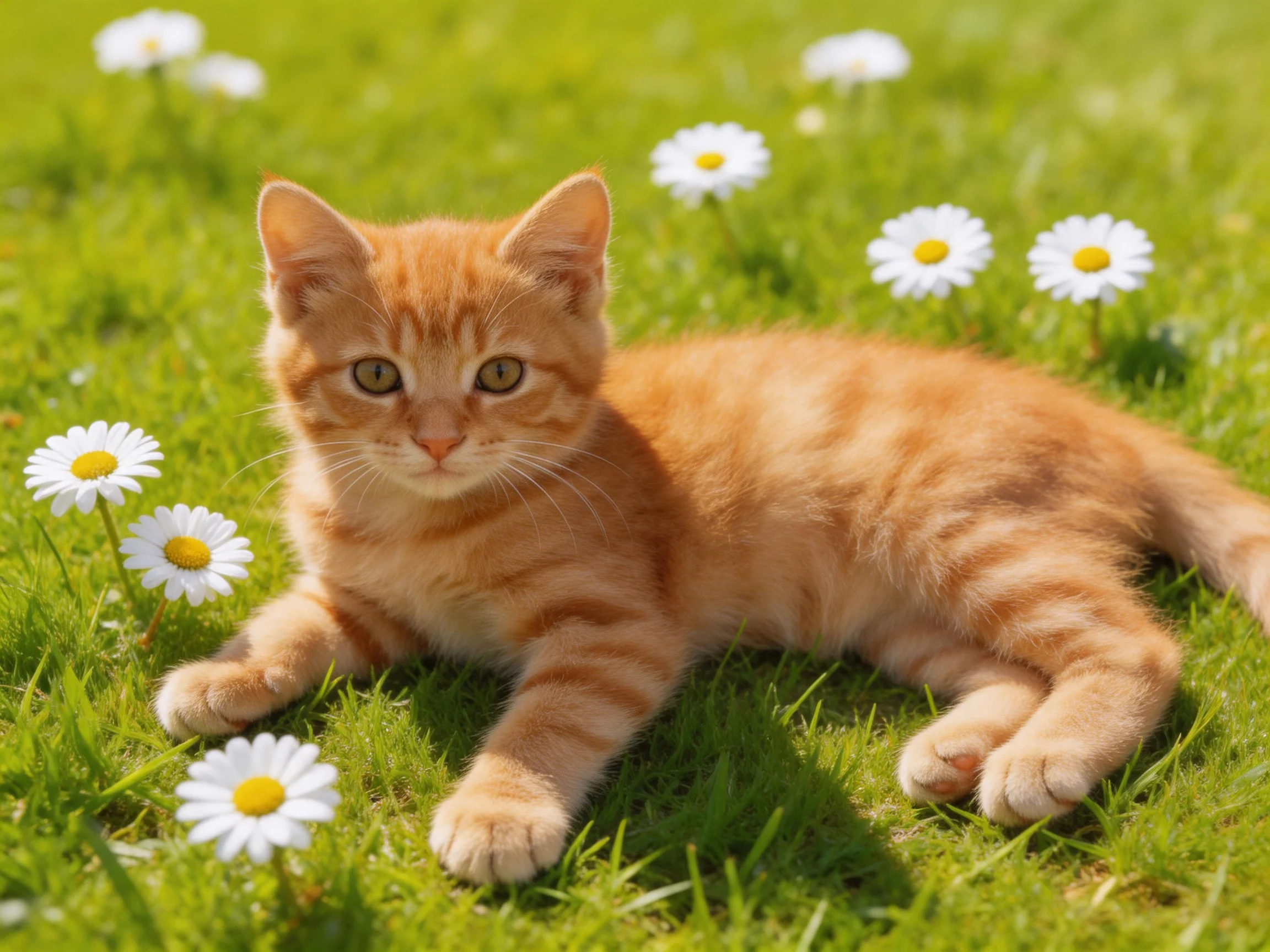 A small orange tabby kitten relaxes amid white daisies in a grassy field.