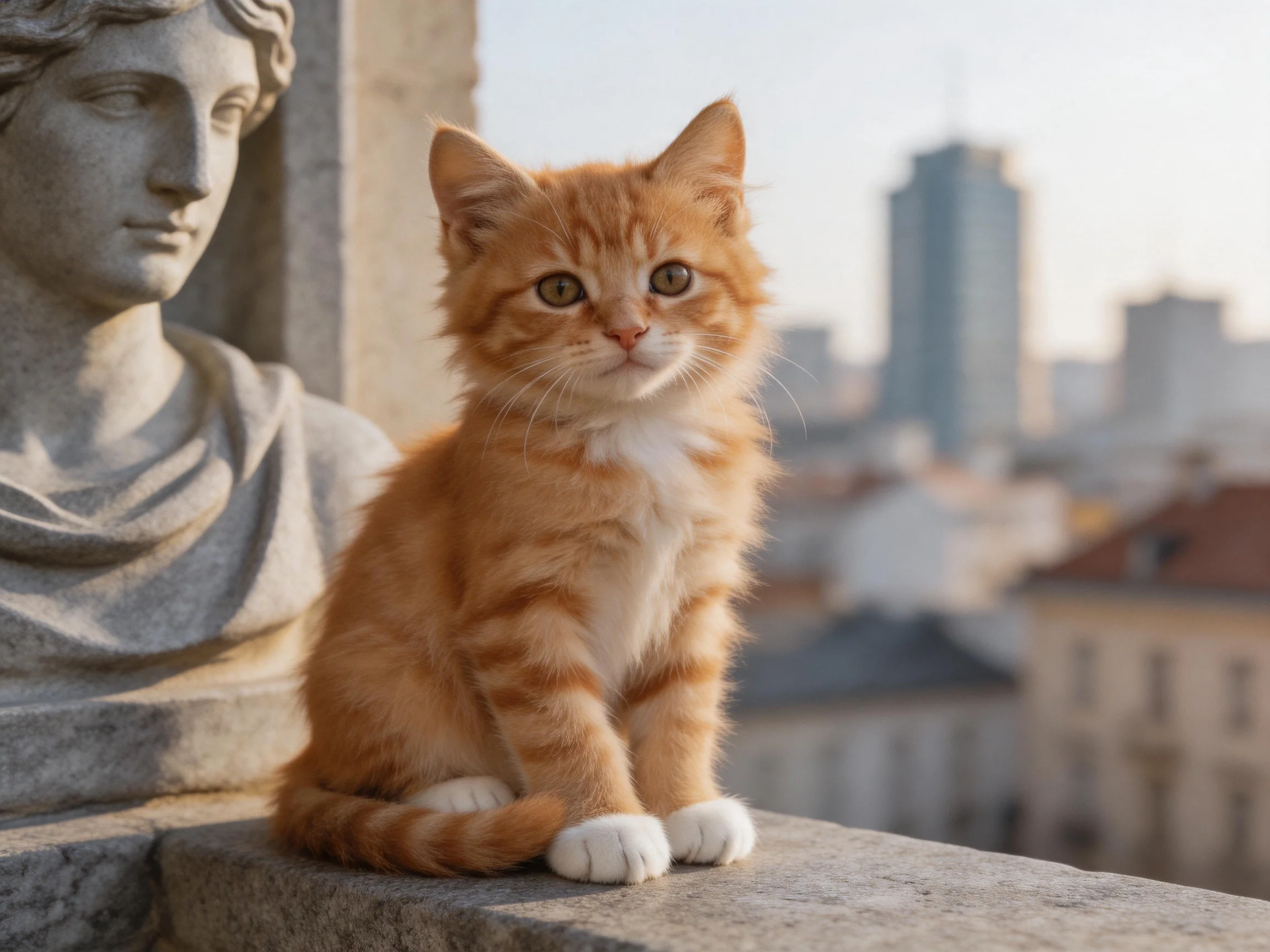 A small orange tabby kitten sits beside a gray stone statue with a cityscape behind.